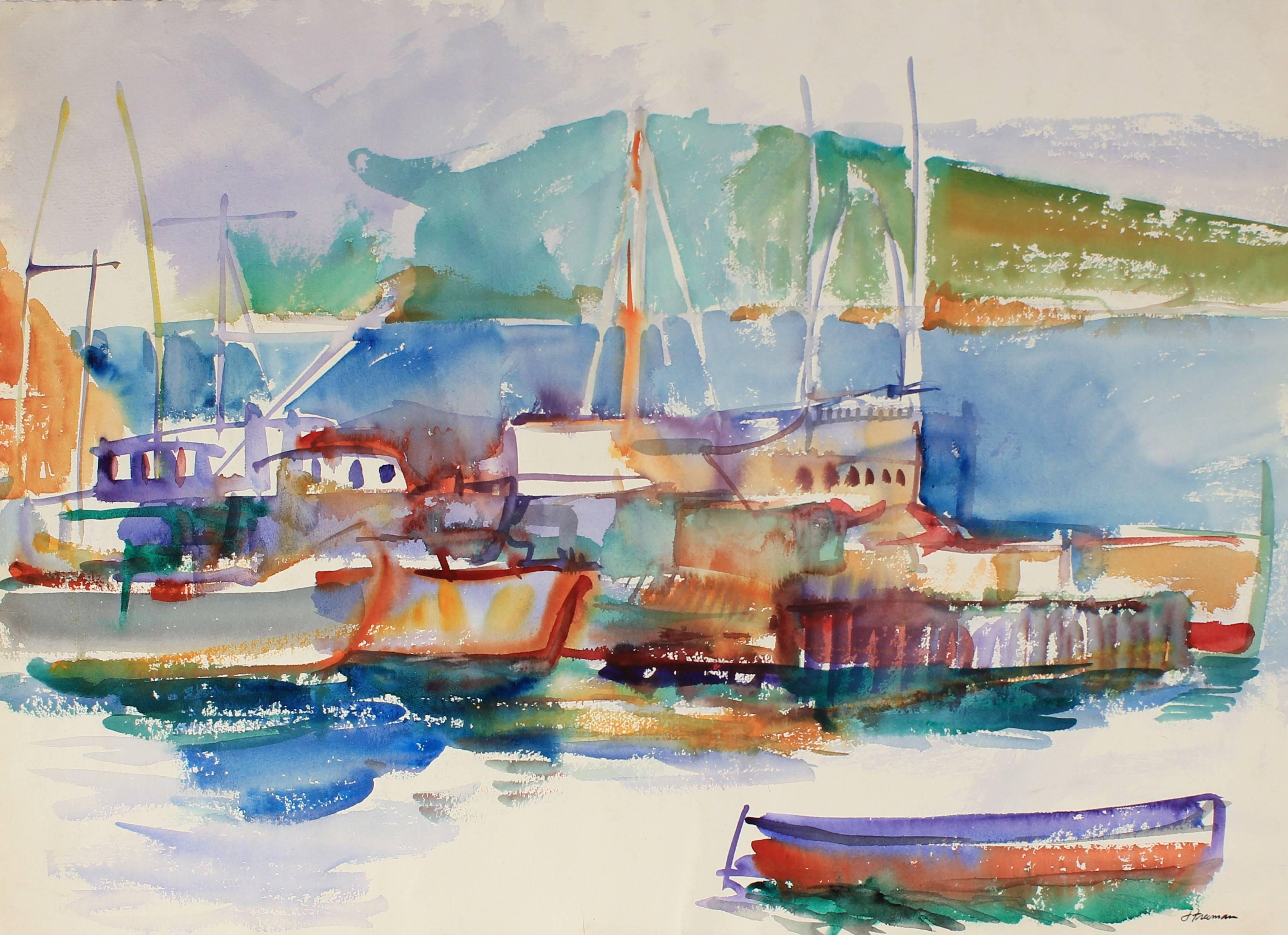 Jack Freeman Landscape Art - San Francisco Bay Harbor, Watercolor Seascape