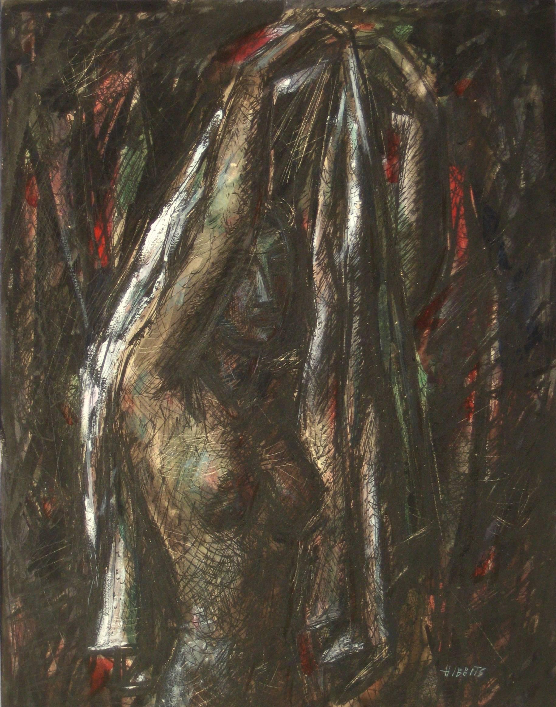 Forrest Hibbits Nude Painting - "Figure Holding Drapery" Modernist Interior with Nude, 1952