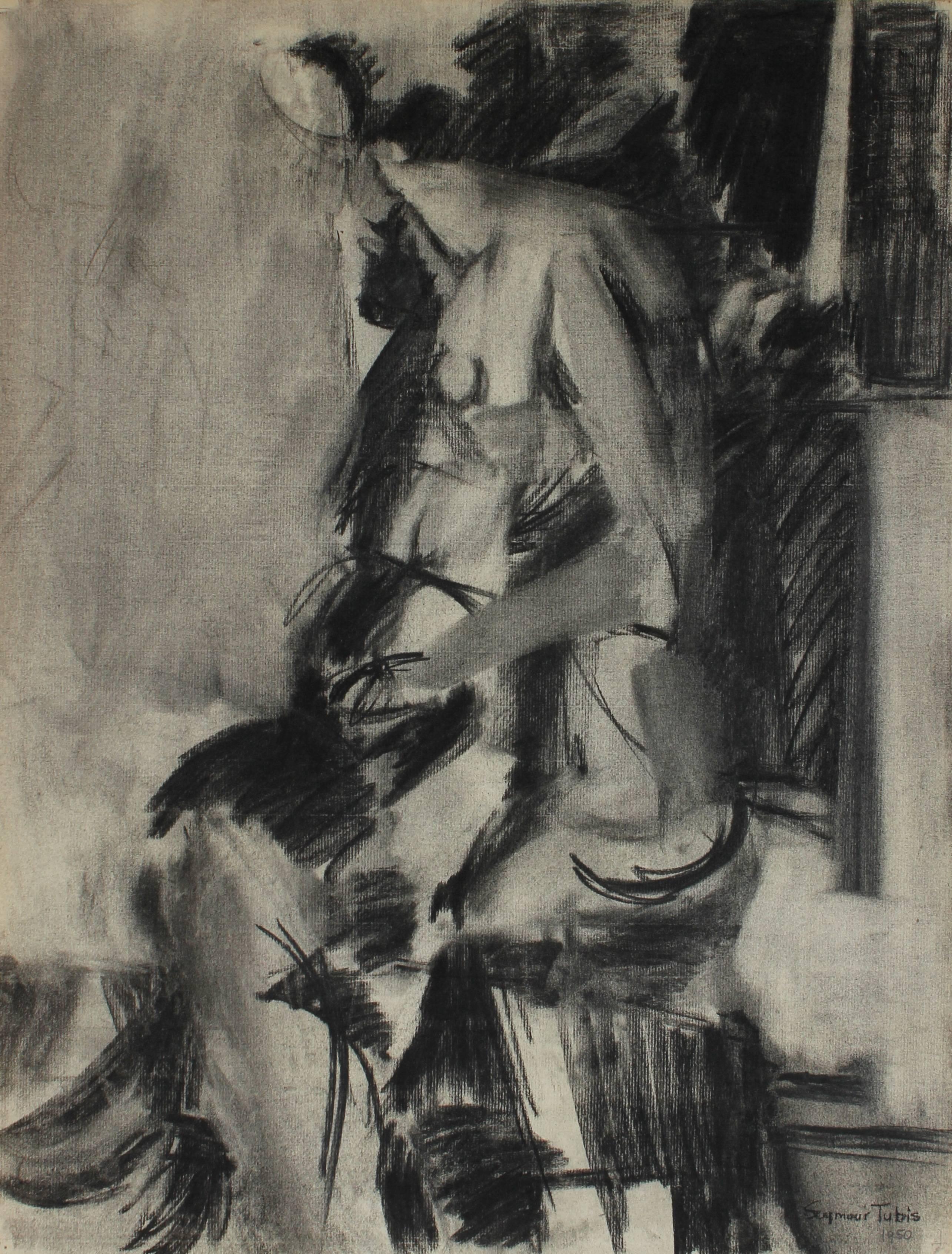 Seymour Tubis Figurative Art - Expressionist Figure Study in Charcoal, 1950