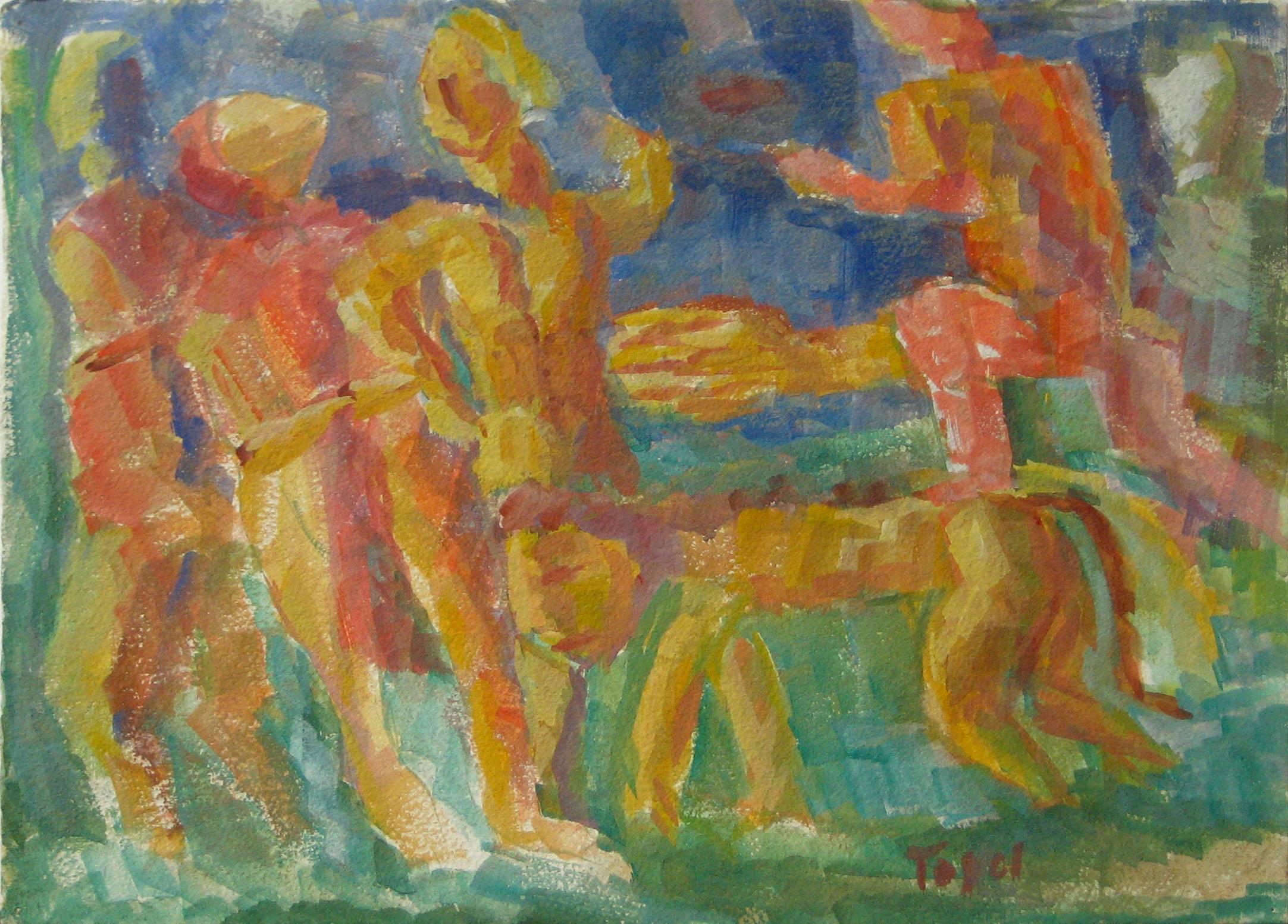 Expressionist Figures with a Lion, Watercolor on Paper, Mid 20th Century - Art by Jennings Tofel