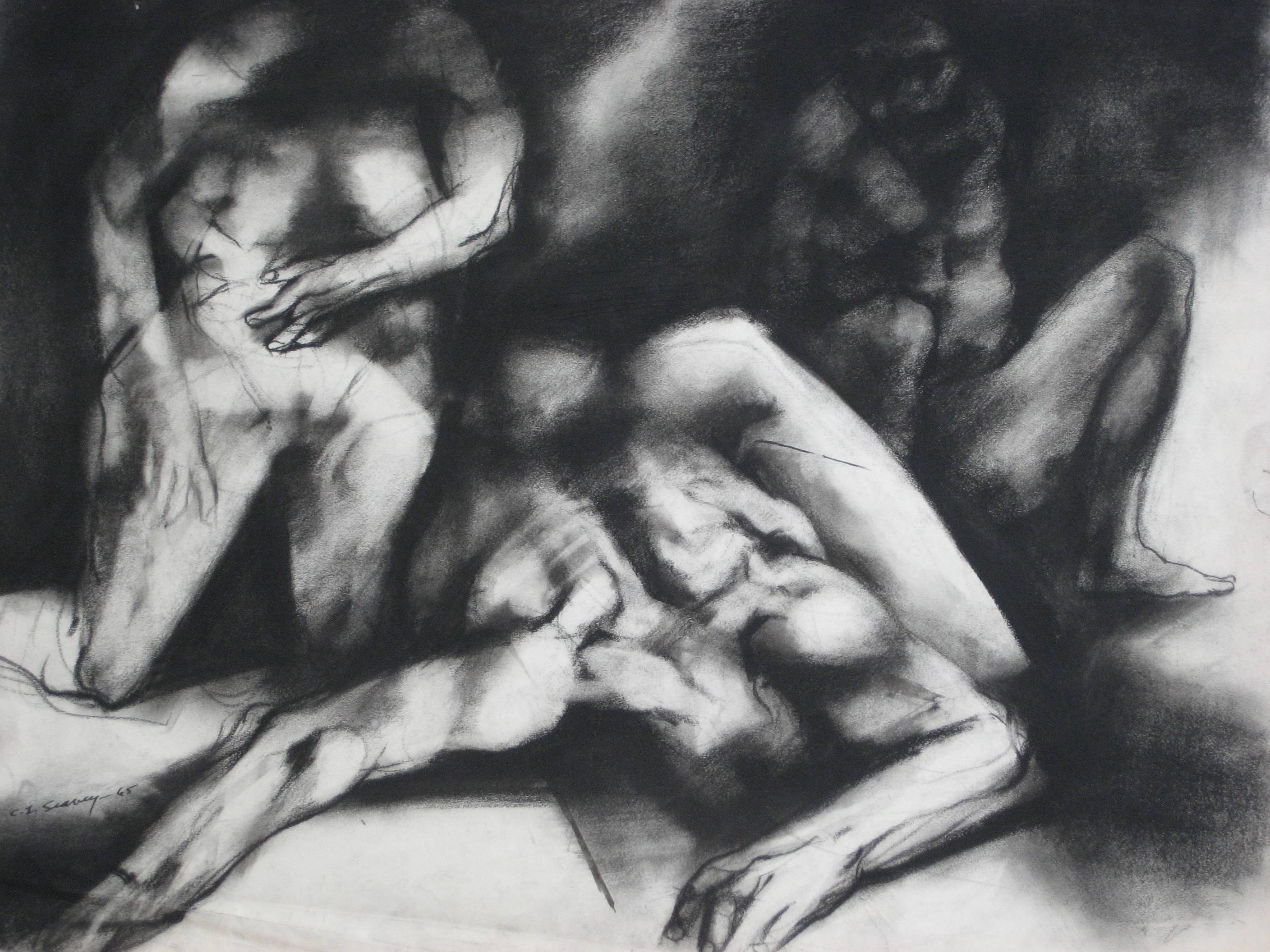 Monochromatic Expressionist Figures, Framed Charcoal Drawing, 1965 - Art by Clyde I. Seavey Jr.