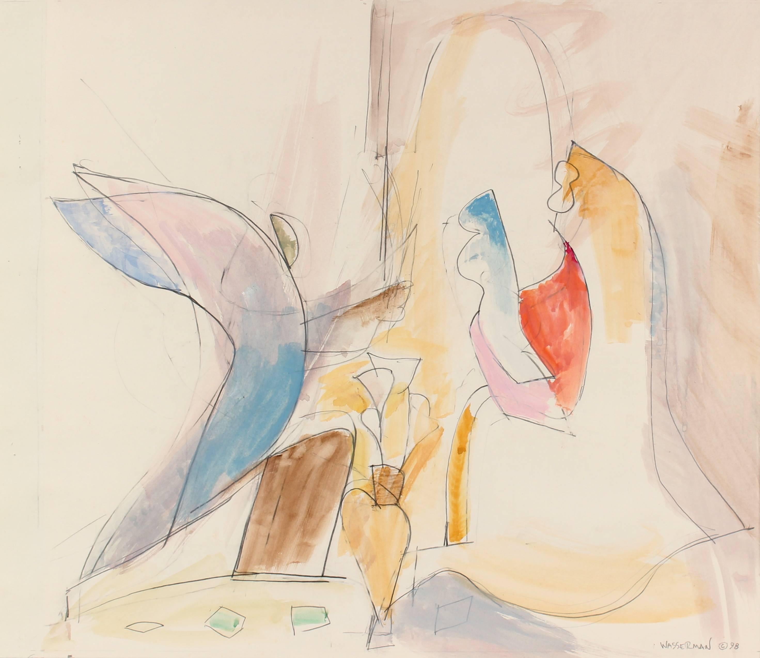 Gerald Wasserman Abstract Drawing - "Annunciation" Pale Modernist Abstract, 20th Century
