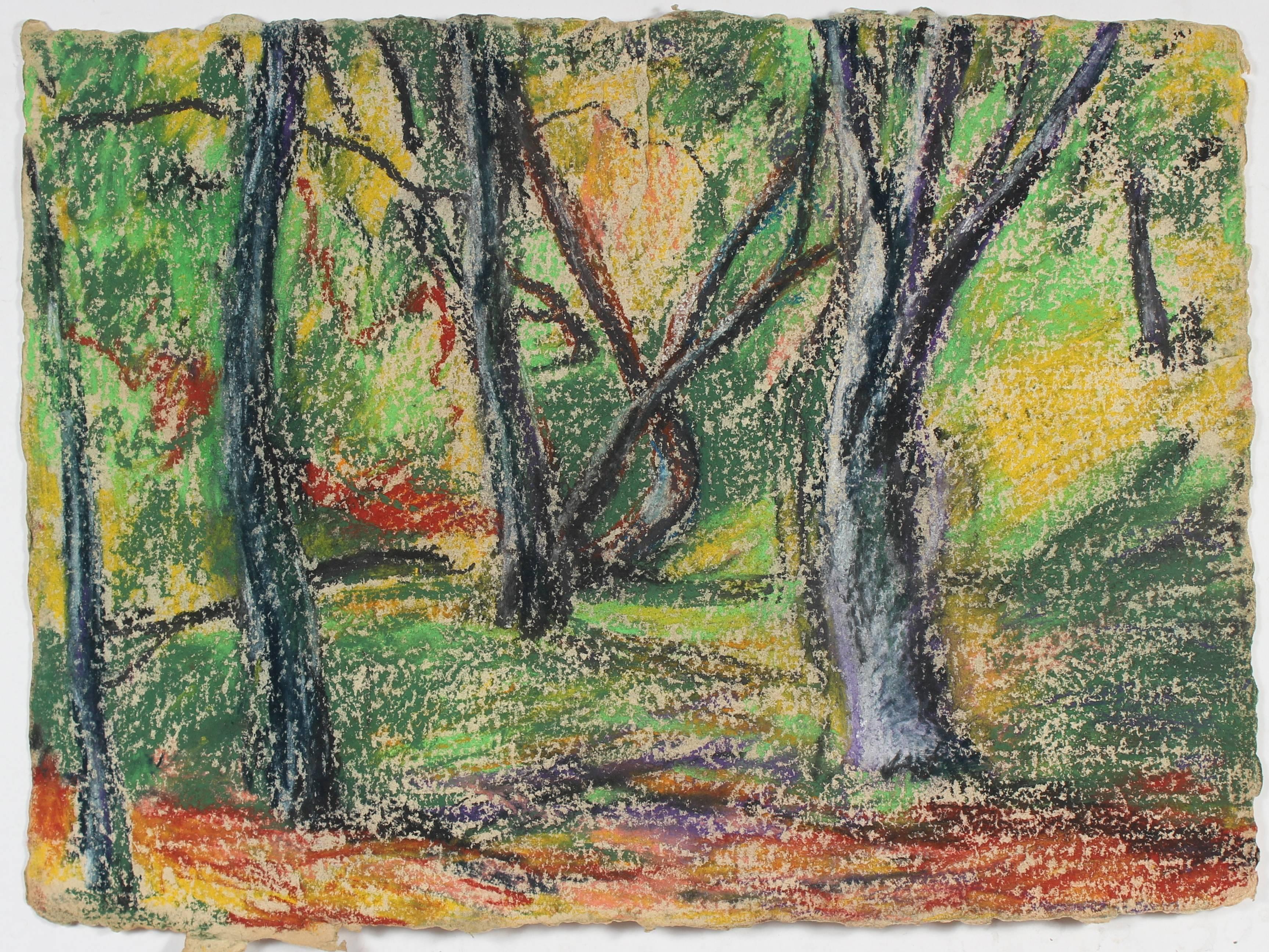Forest Landscape in Pastel on Handmade Paper, Late 20th Century