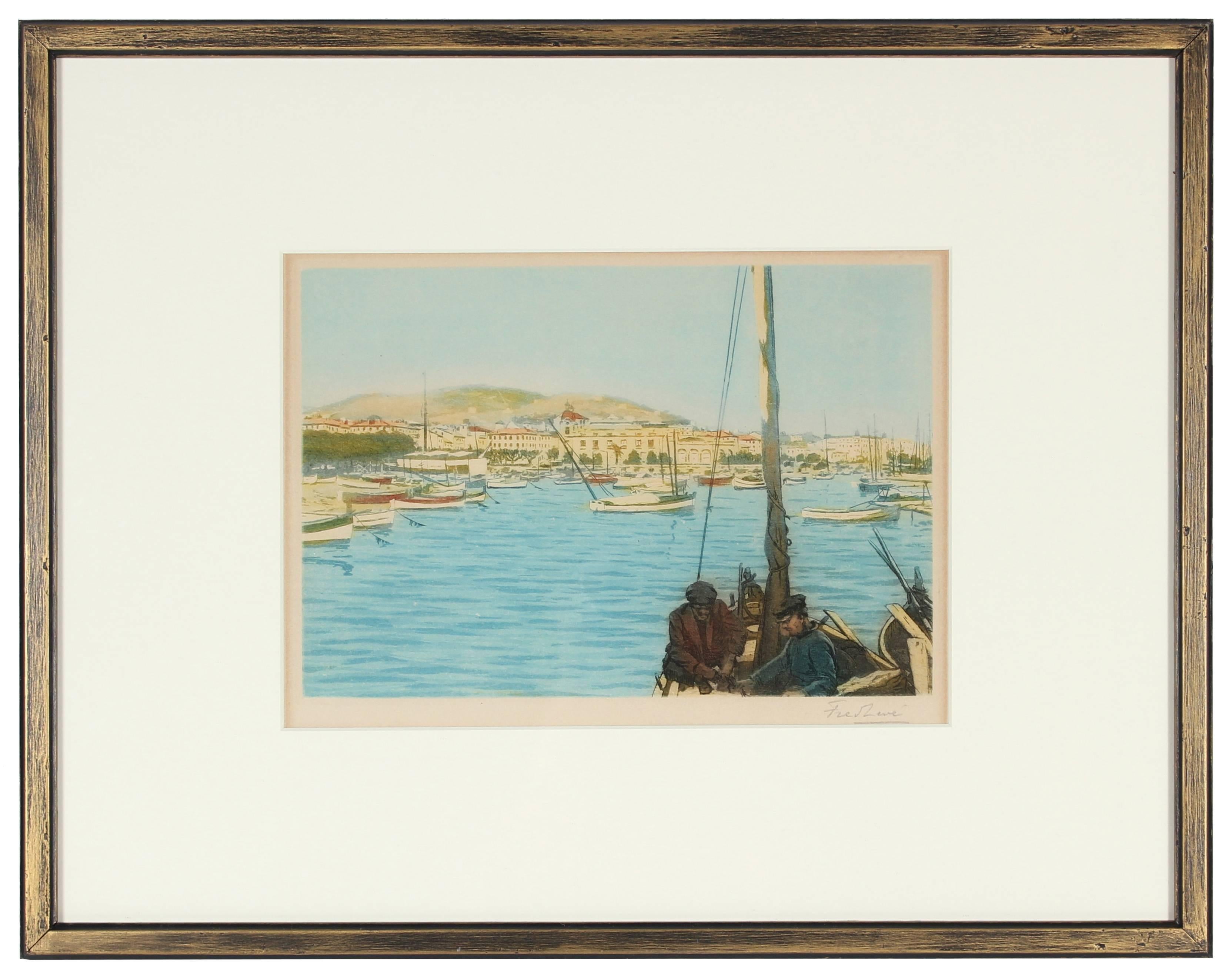 Frederic Louis Leve Landscape Print - Boats in a Harbor