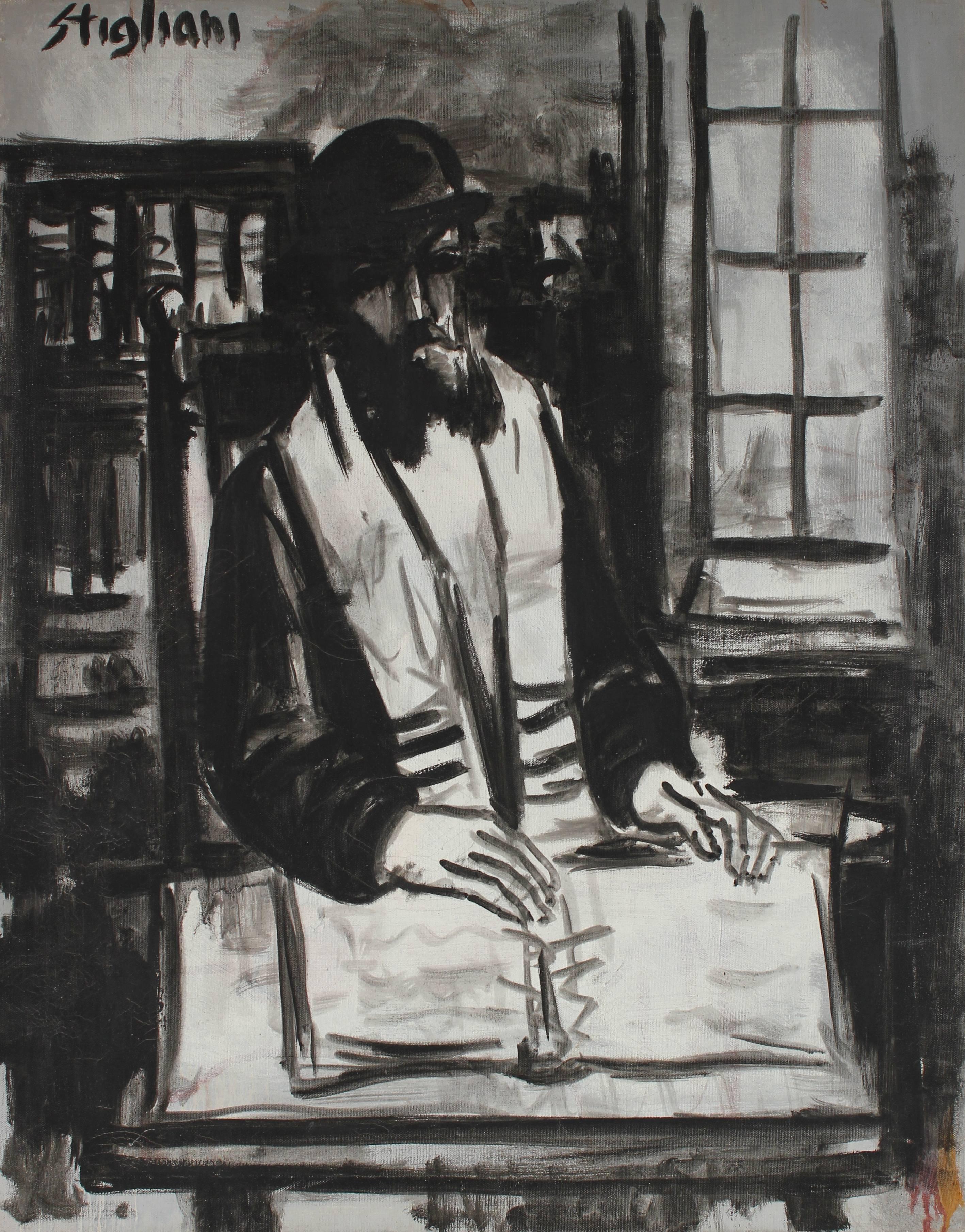 Pasquale Patrick Stigliani Portrait Painting - "The Rabbi", Monochromatic Portrait in Oil