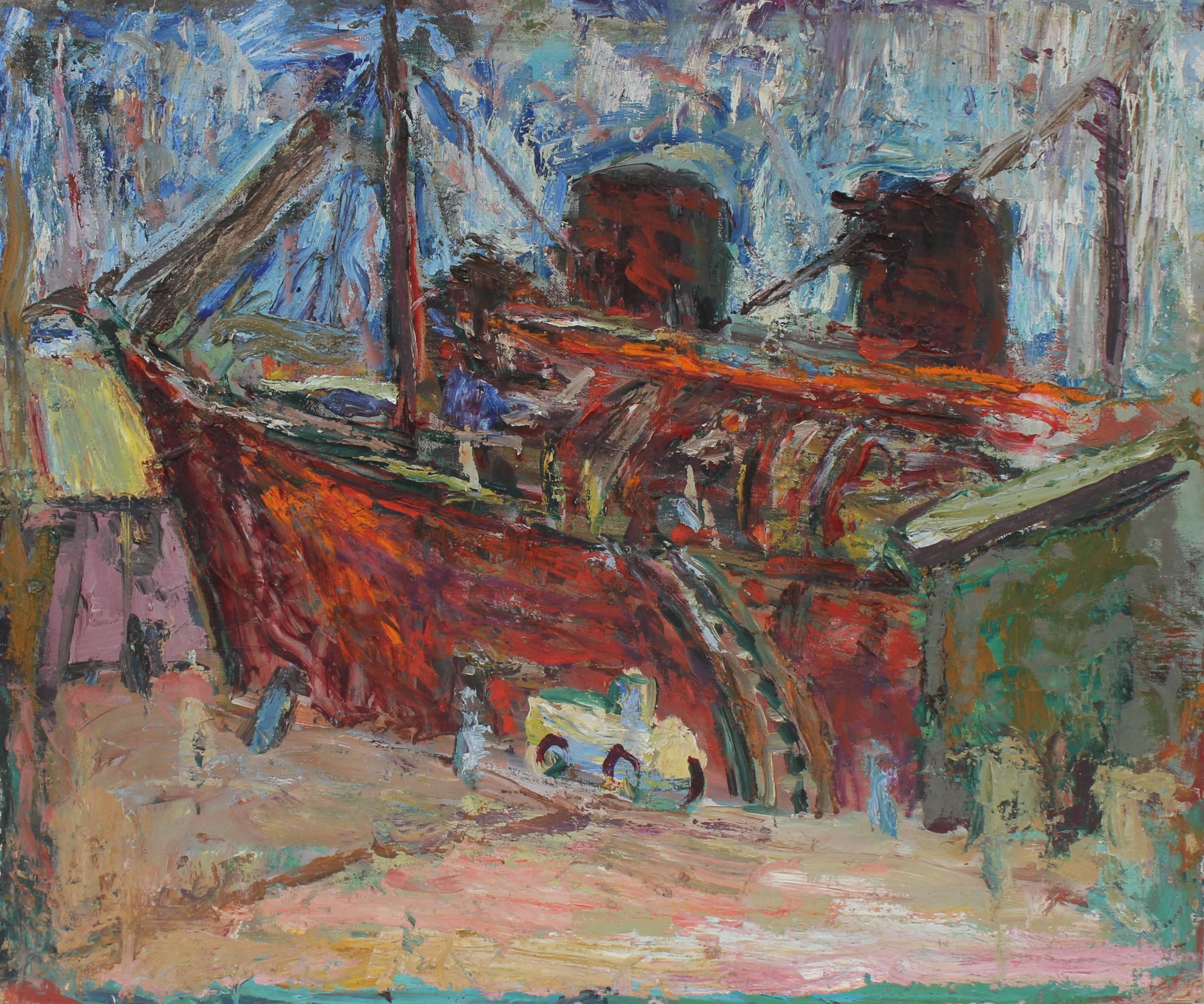 Richard Van Wingerden Landscape Painting - Expressionist Boat in Harbor, San Francisco Oil Painting, Mid 20th Century