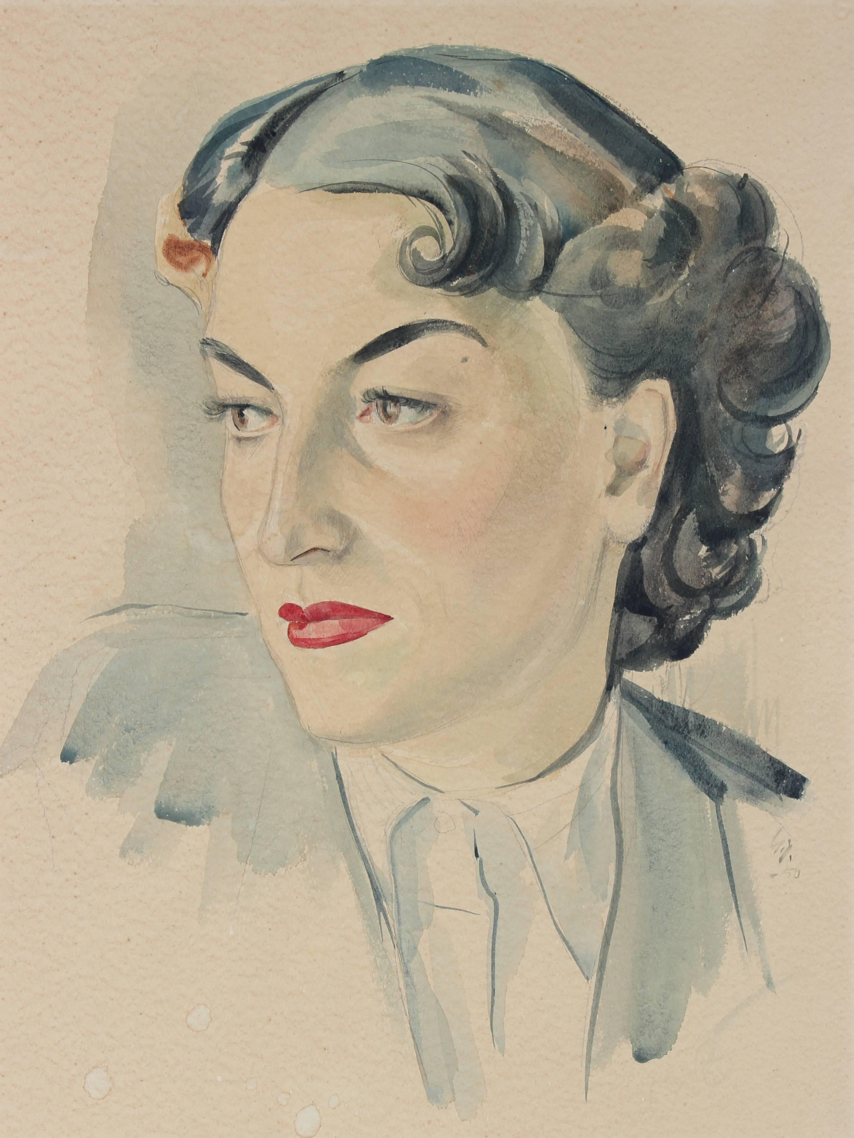 Portrait of a Woman with Red Lipstick, Watercolor Painting, Circa 1930 - Art by Unknown