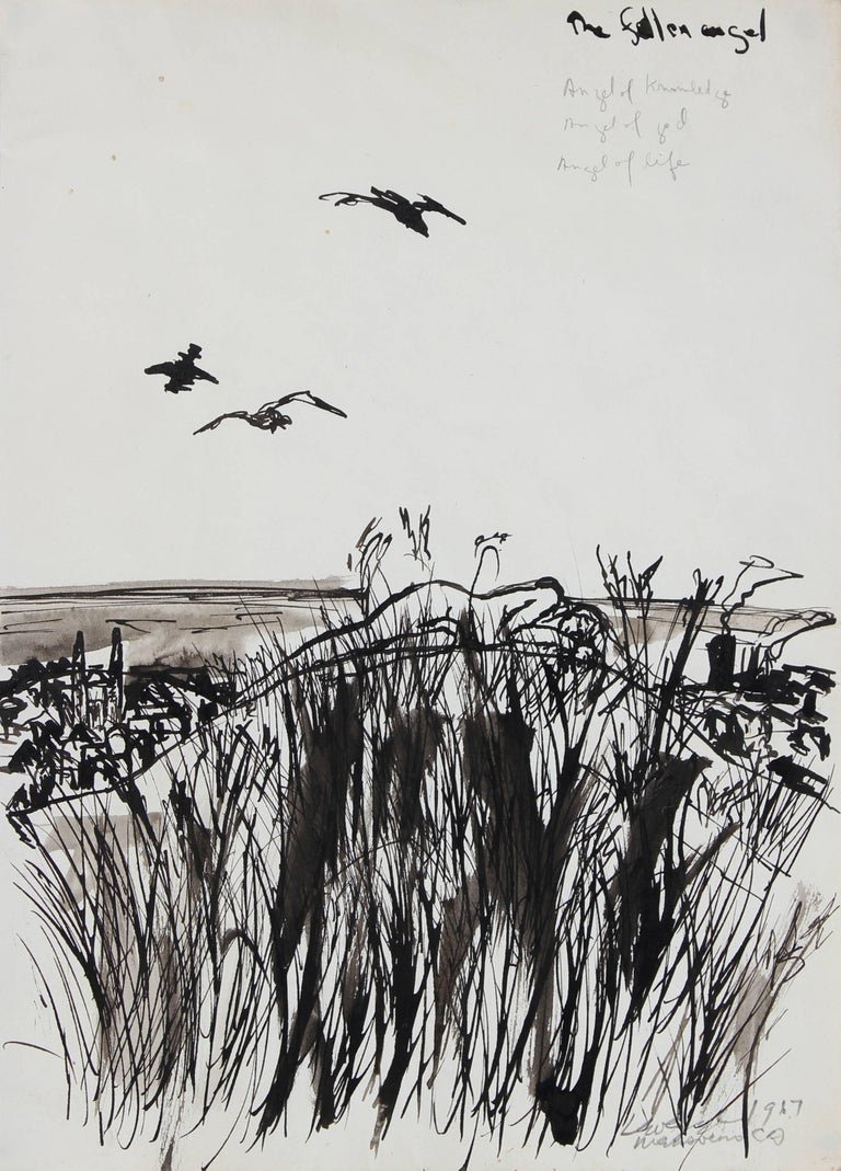 Laura Lengyel Landscape Art - "The Fallen Angel" Monochromatic Ink on Paper Landscape, 1967
