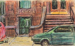 Vintage New York Brownstones in Ink and Colored Pencil, 20th Century Drawing