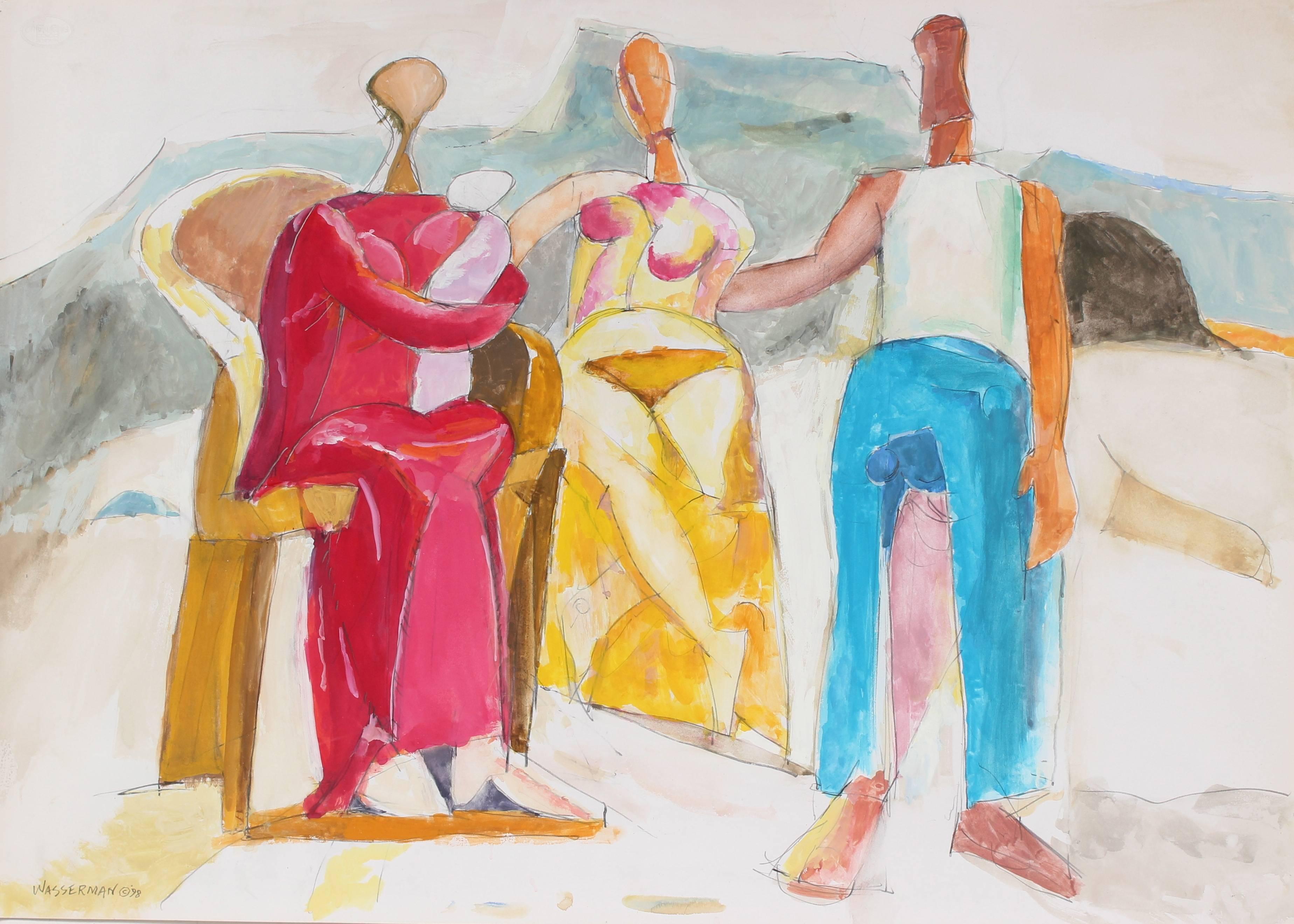 Abstracted Figures in a Landscape, Gouache Painting, 20th Century