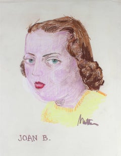 « Joan B. » Illustration de portrait d'une jeune fille avec un rouge à lèvres rouge au pastel, vers 1945