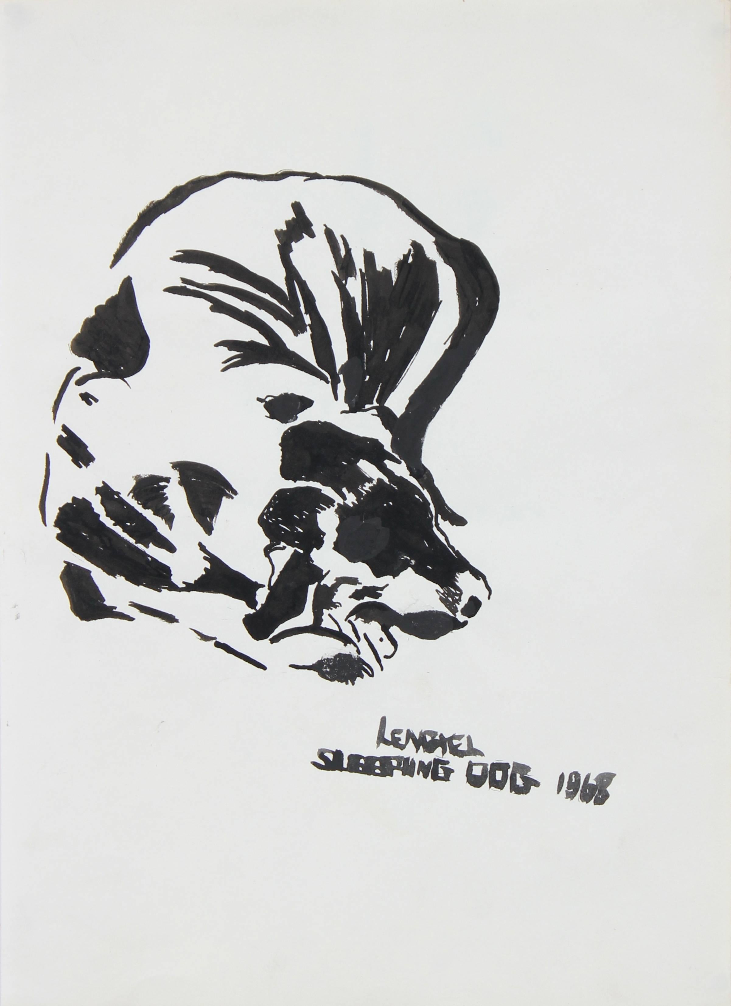 Laura Lengyel Animal Art - "Sleeping Dog" Ink on Paper Drawing, 1968