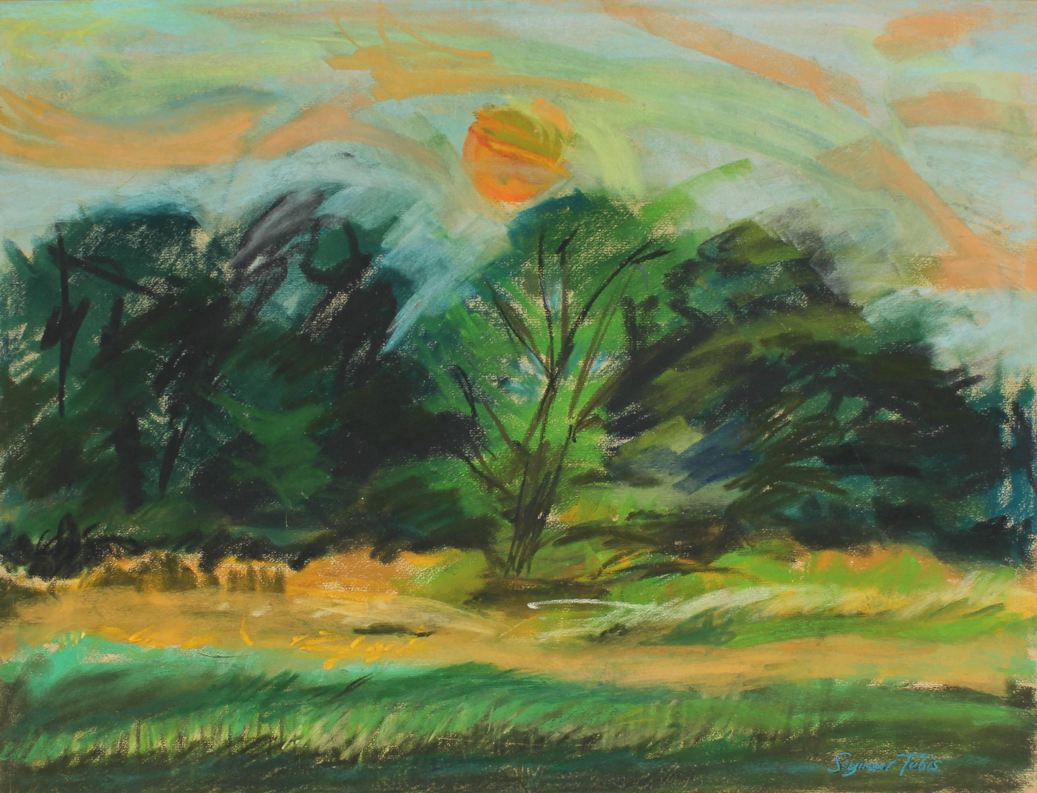 Seymour Tubis Landscape Art - 20th Century Countryside Landscape in Pastel with Green Yellow and Orange 