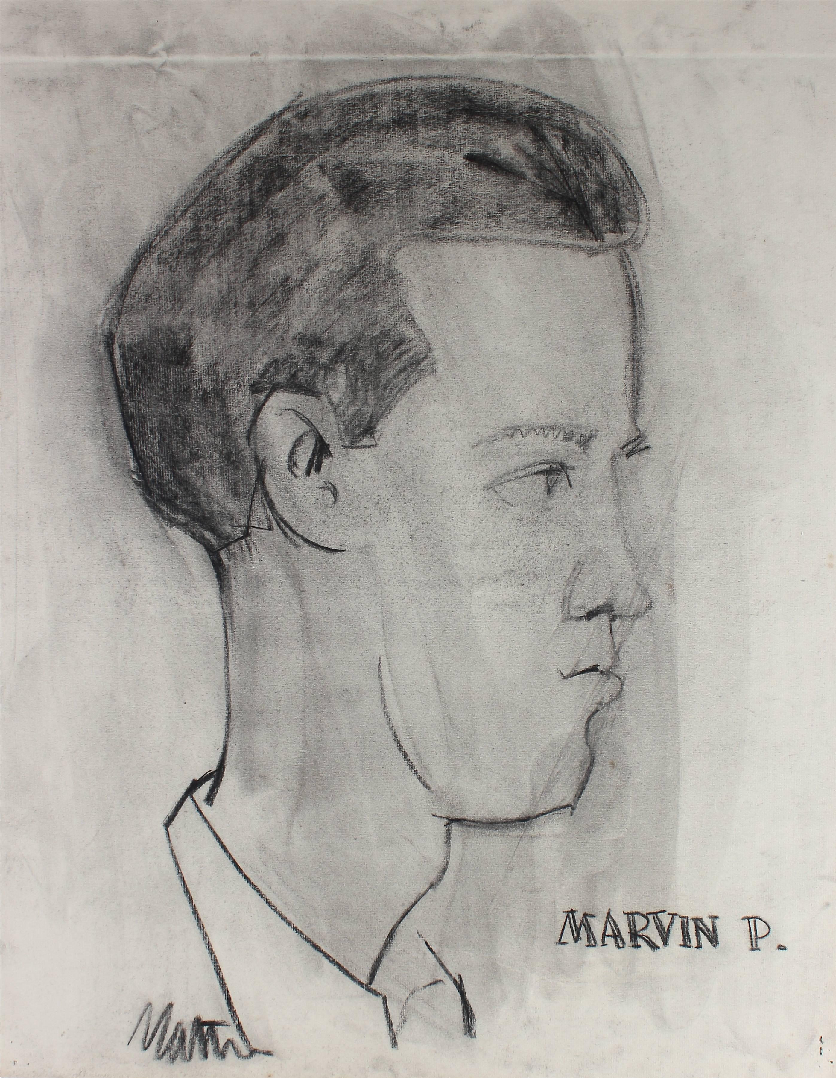 "Marvin P." Monochromatic Portrait Illustration of a Man in Charcoal, Circa 1945