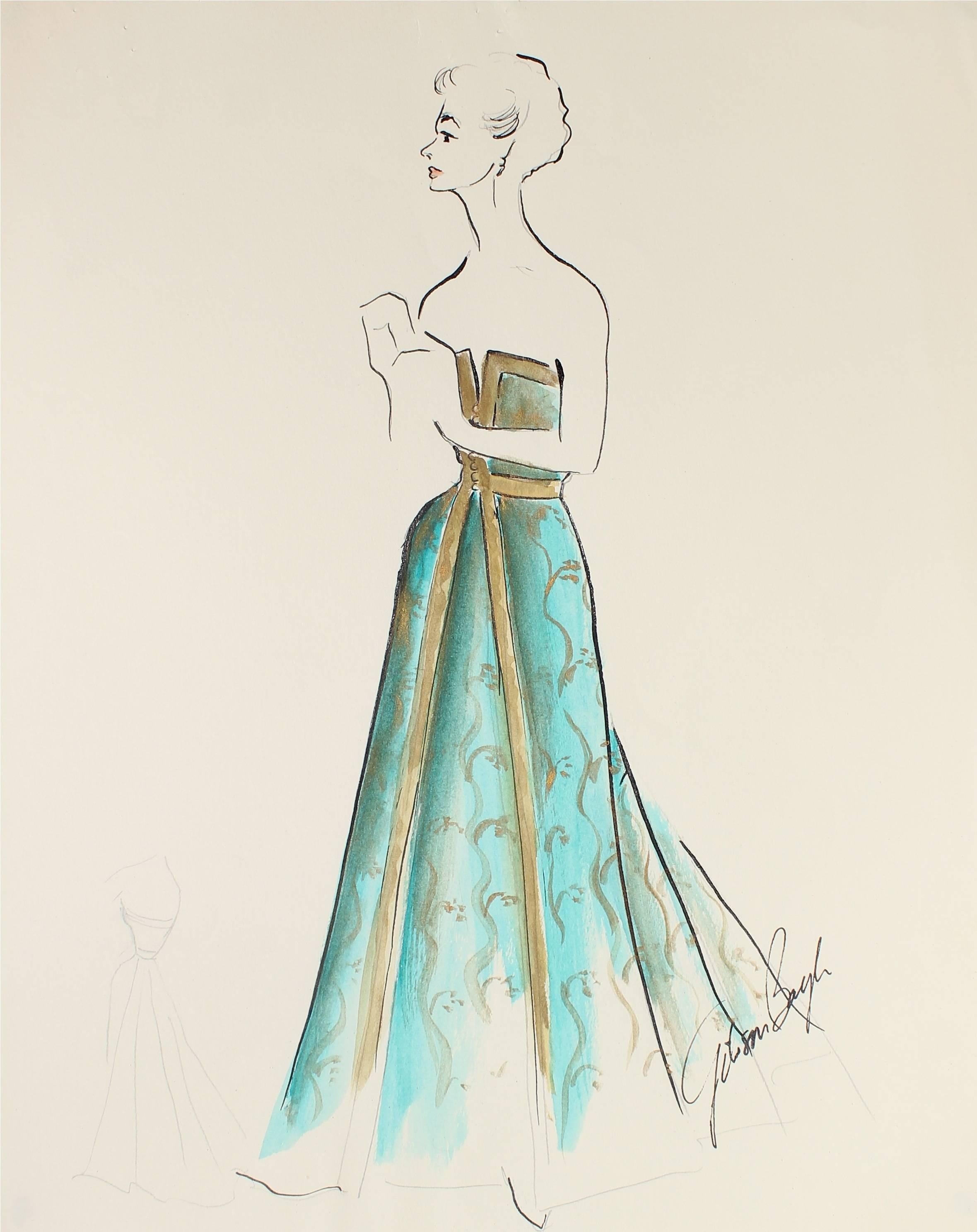 Gibson Bayh Figurative Art - Evening Dress Fashion Illustration in Gouache, 1950s