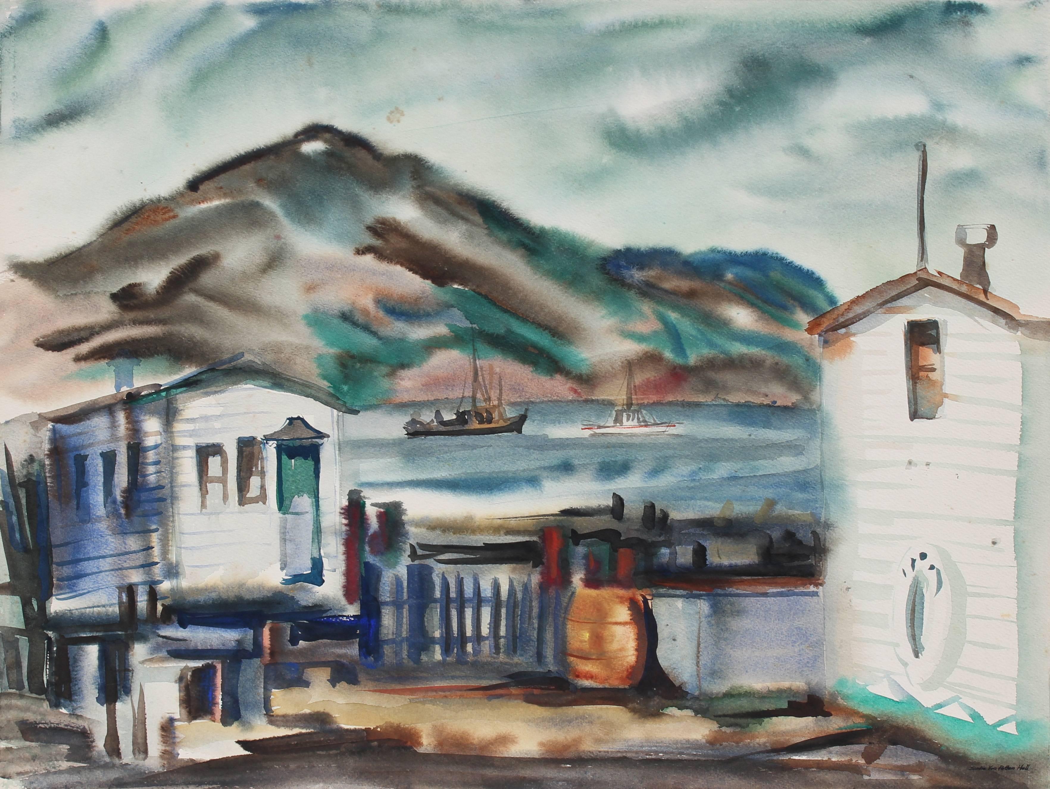 Sadie Van Patten Hall Landscape Art - Foggy Bay Area Landscape in Watercolor, Circa 1960s