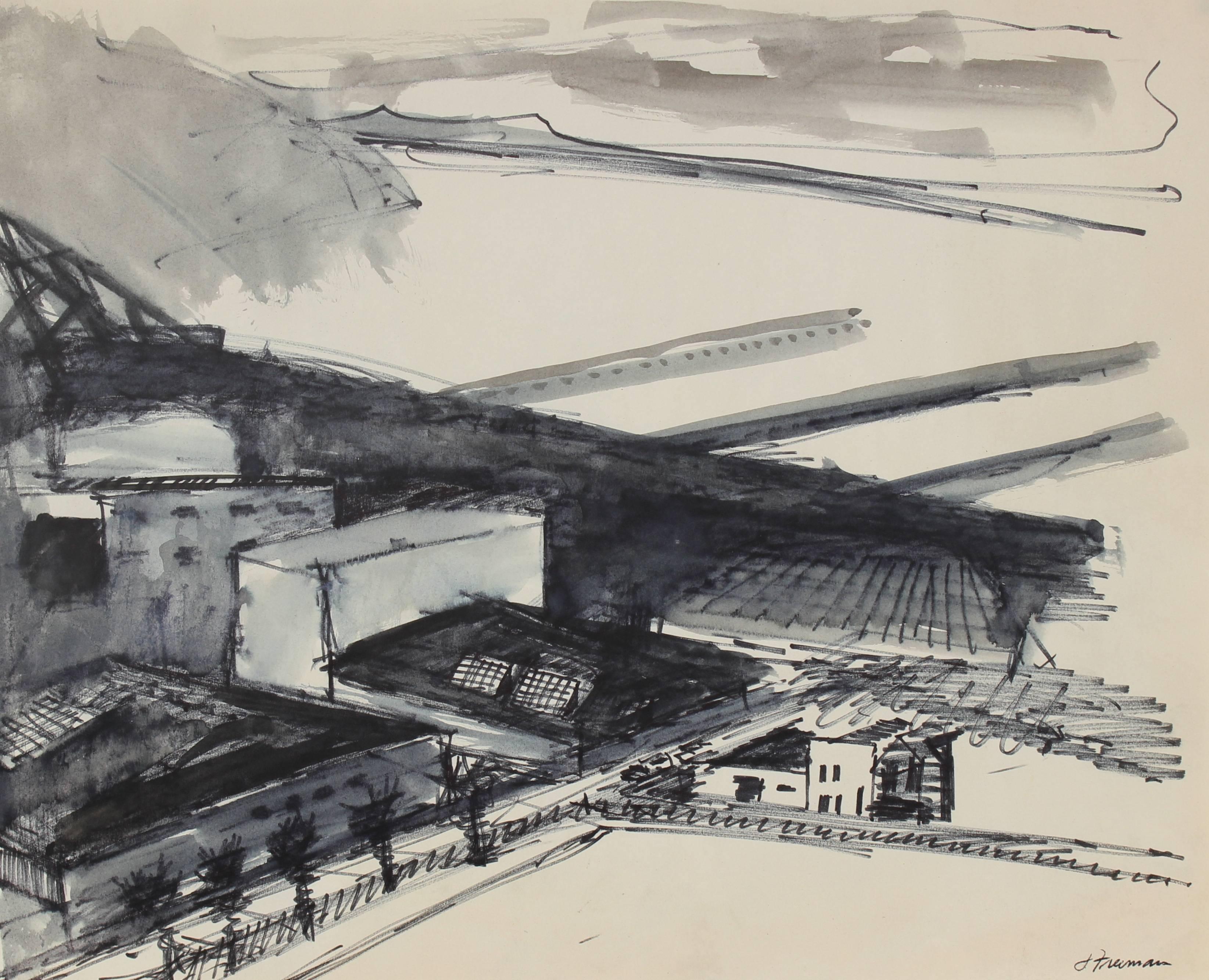 Jack Freeman Landscape Art - San Francisco Industrial Pier in Ink, Circa 1970s