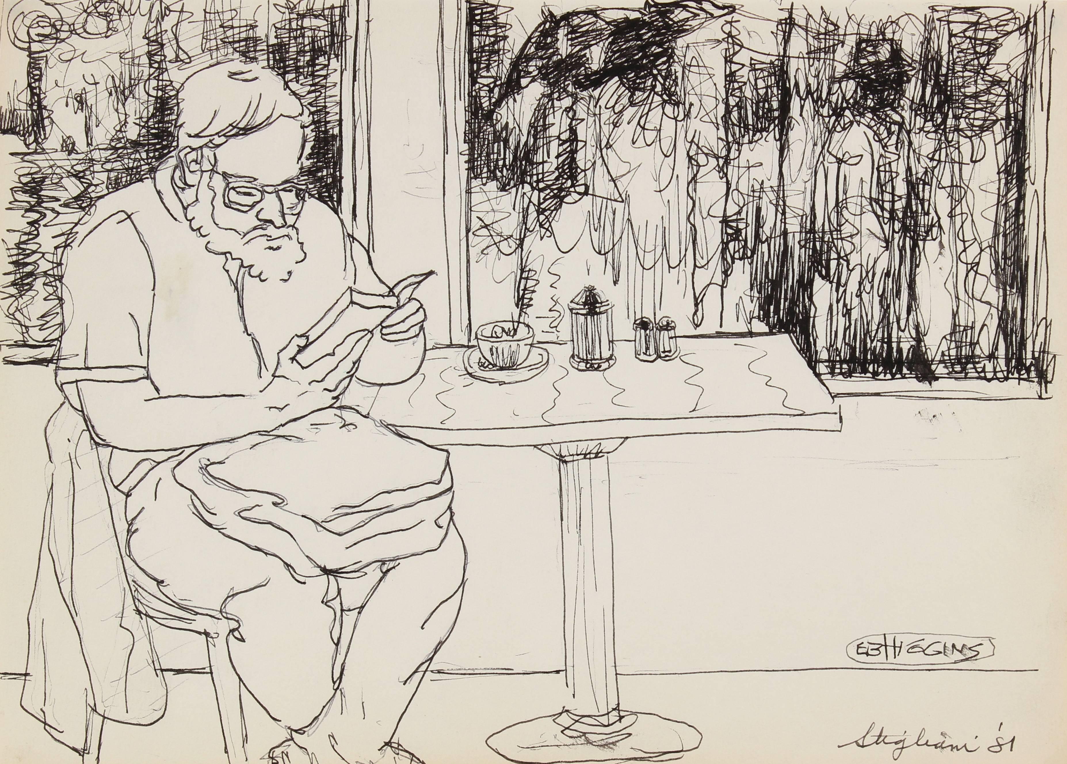 Pasquale Patrick Stigliani Interior Art - Portrait of a Man Reading, Ink on Paper Drawing, 1981