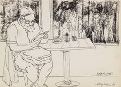 Portrait of a Man Reading, Ink on Paper Drawing, 1981