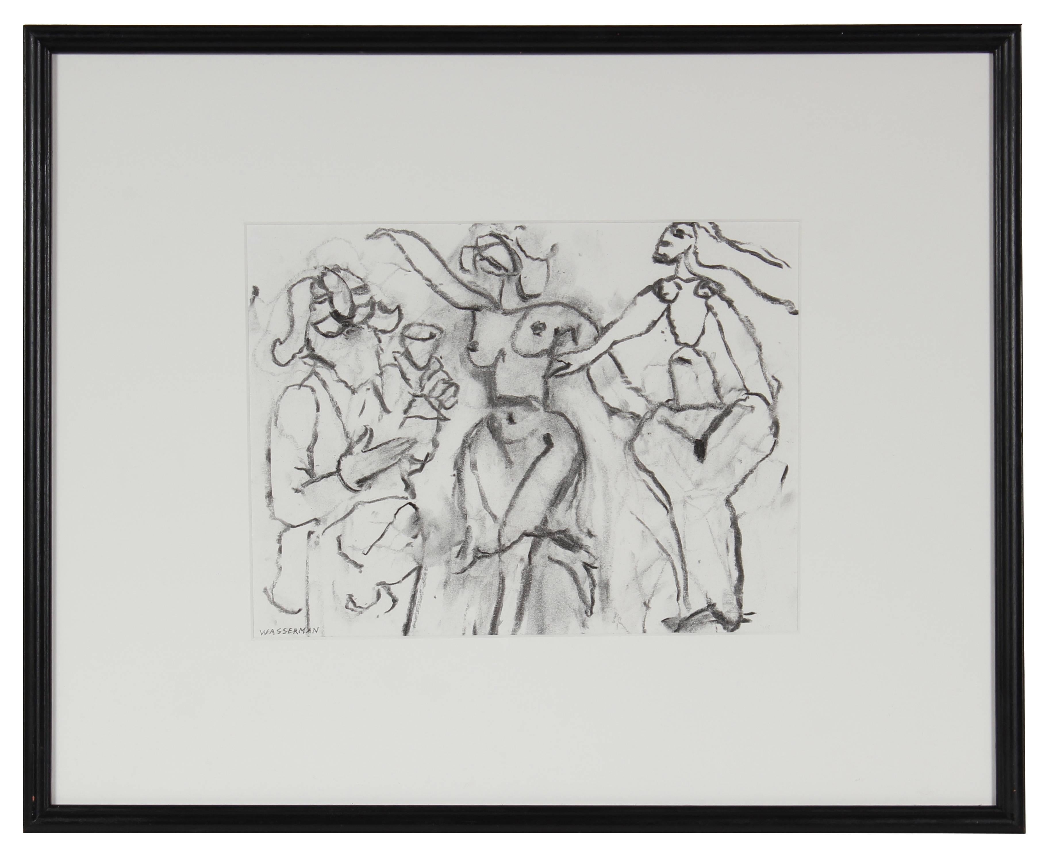 Three Abstracted Figures in Charcoal, 20th Century Drawing - Art by Gerald Wasserman