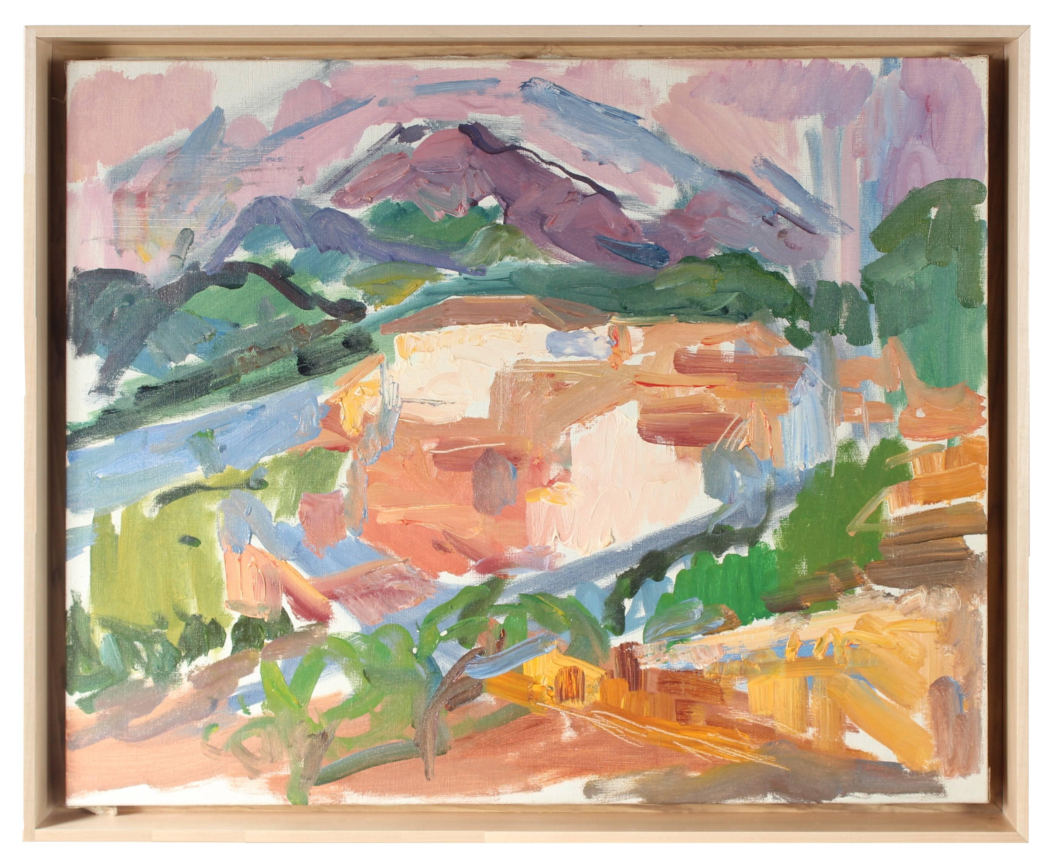 Gerald Wasserman Landscape Painting - Abstracted Coastal Village, Oil Painting, Mid 20th Century