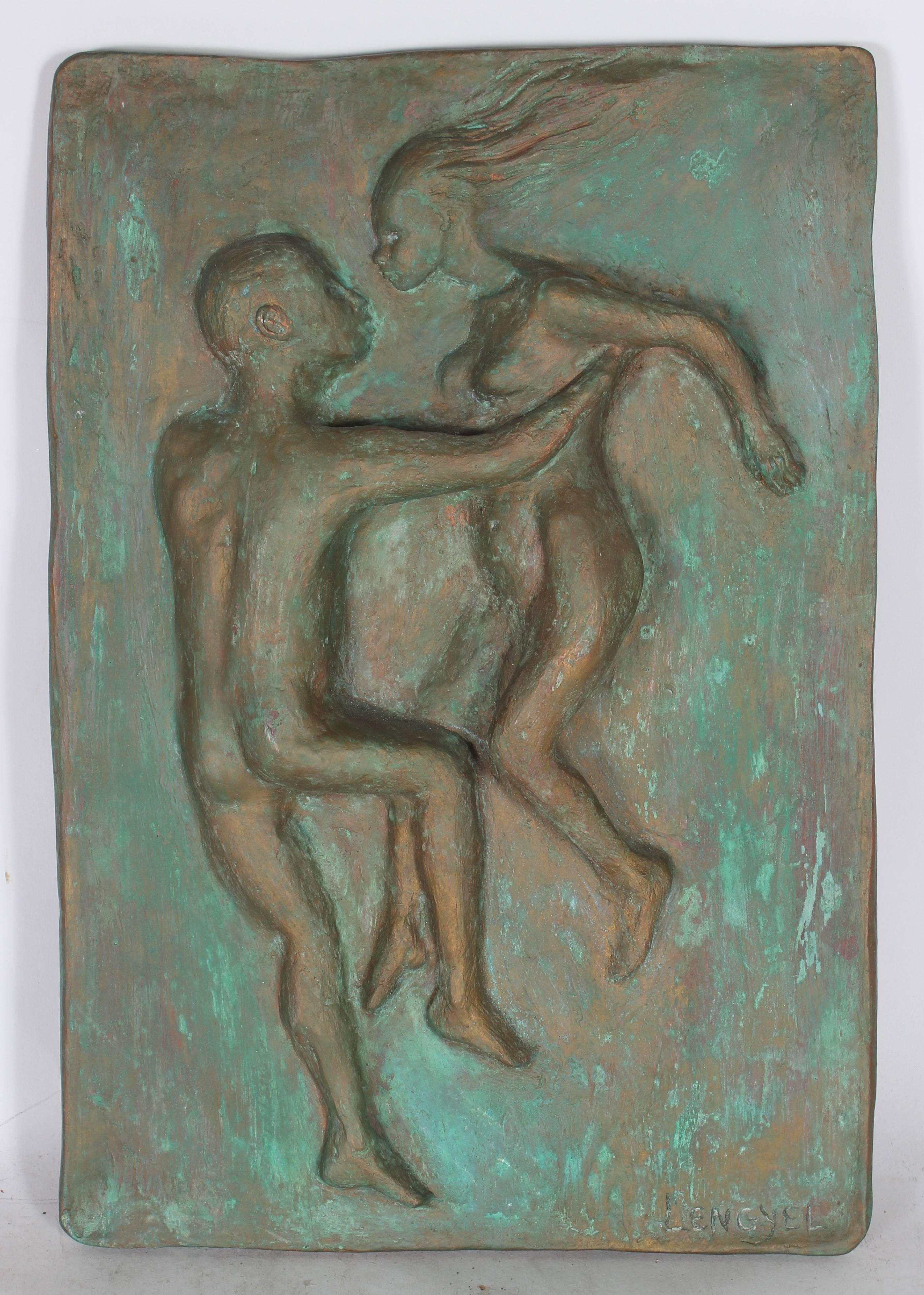 Laura Lengyel Nude Sculpture - "Celestial Couple I" Figurative Plaster Relief Sculpture, 1969