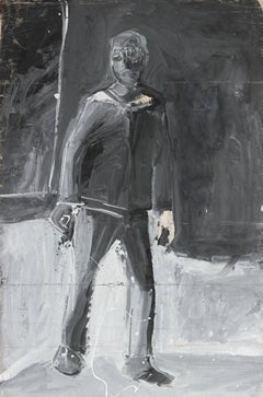 Monochromatic Expressionist Figure, Acrylic Painting, 20th Century