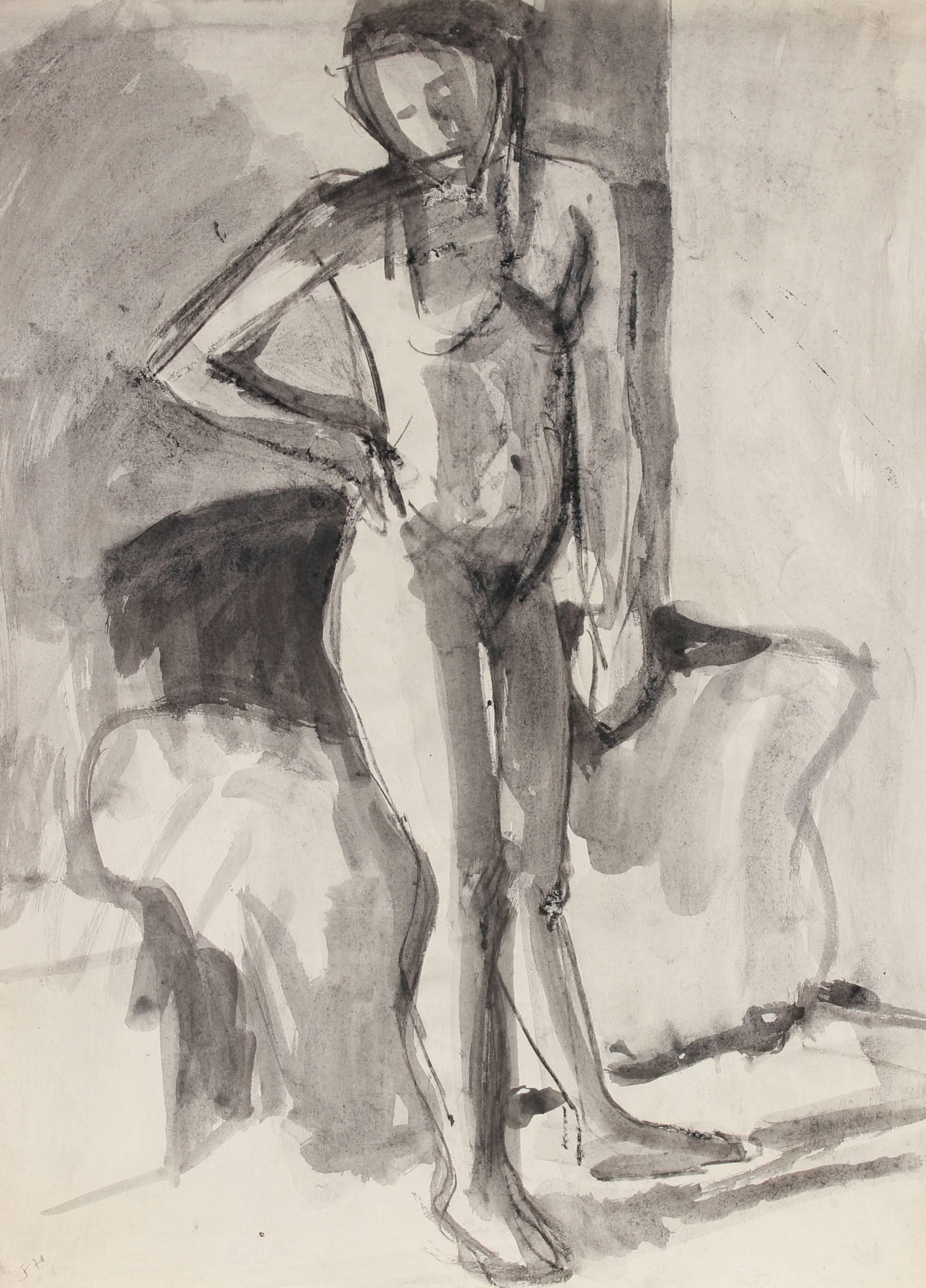 Jack Freeman Figurative Art - Monochromatic Figure Study in Charcoal and Ink, 1978