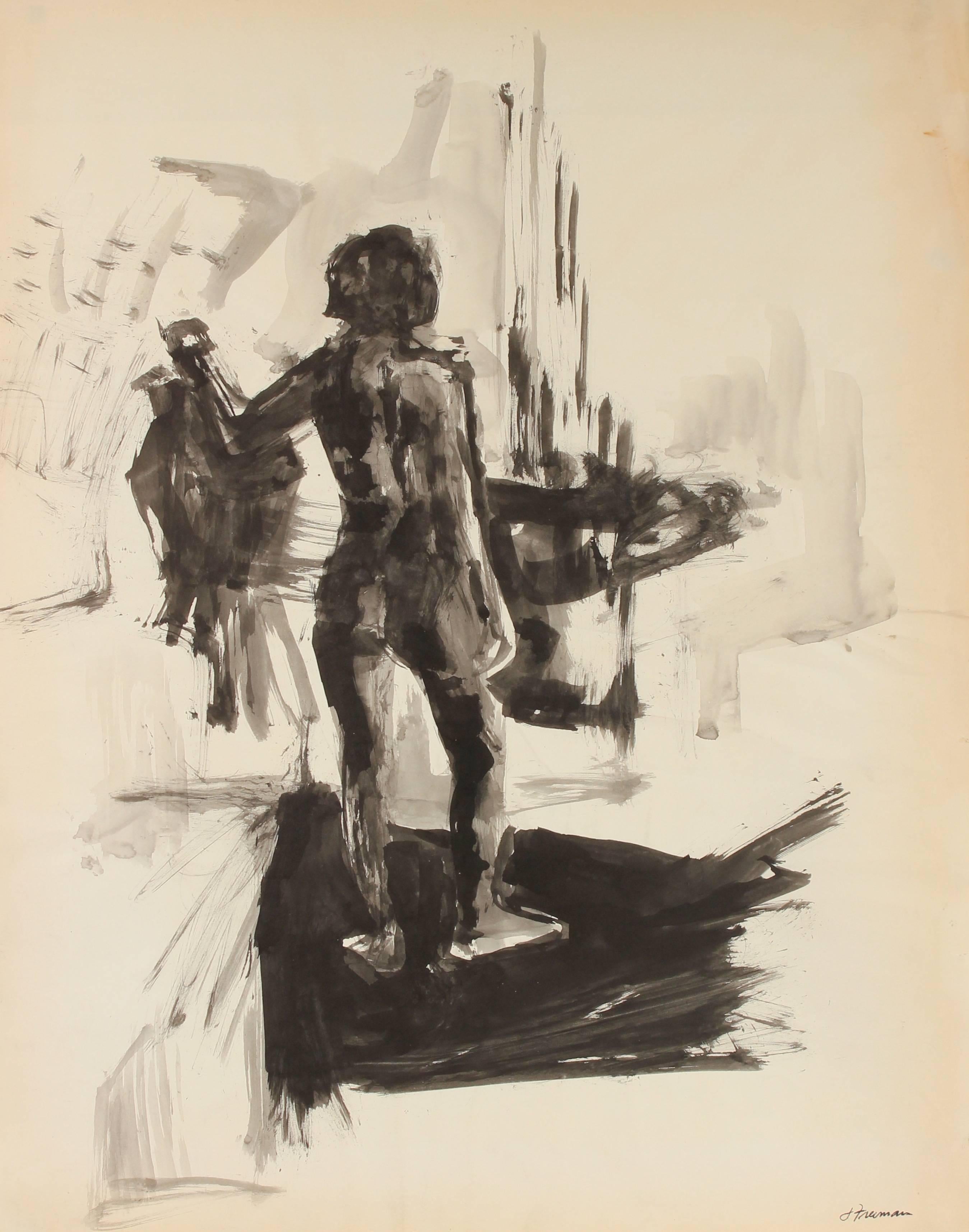 Monochromatic Nude in Shadow, Ink on Paper Figure, 20th Century