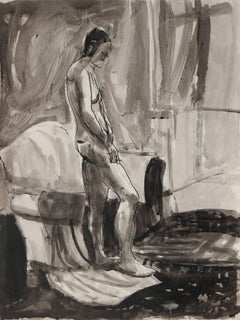 Monochromatic Expressionist Interior with Figure, Ink Drawing, 1976