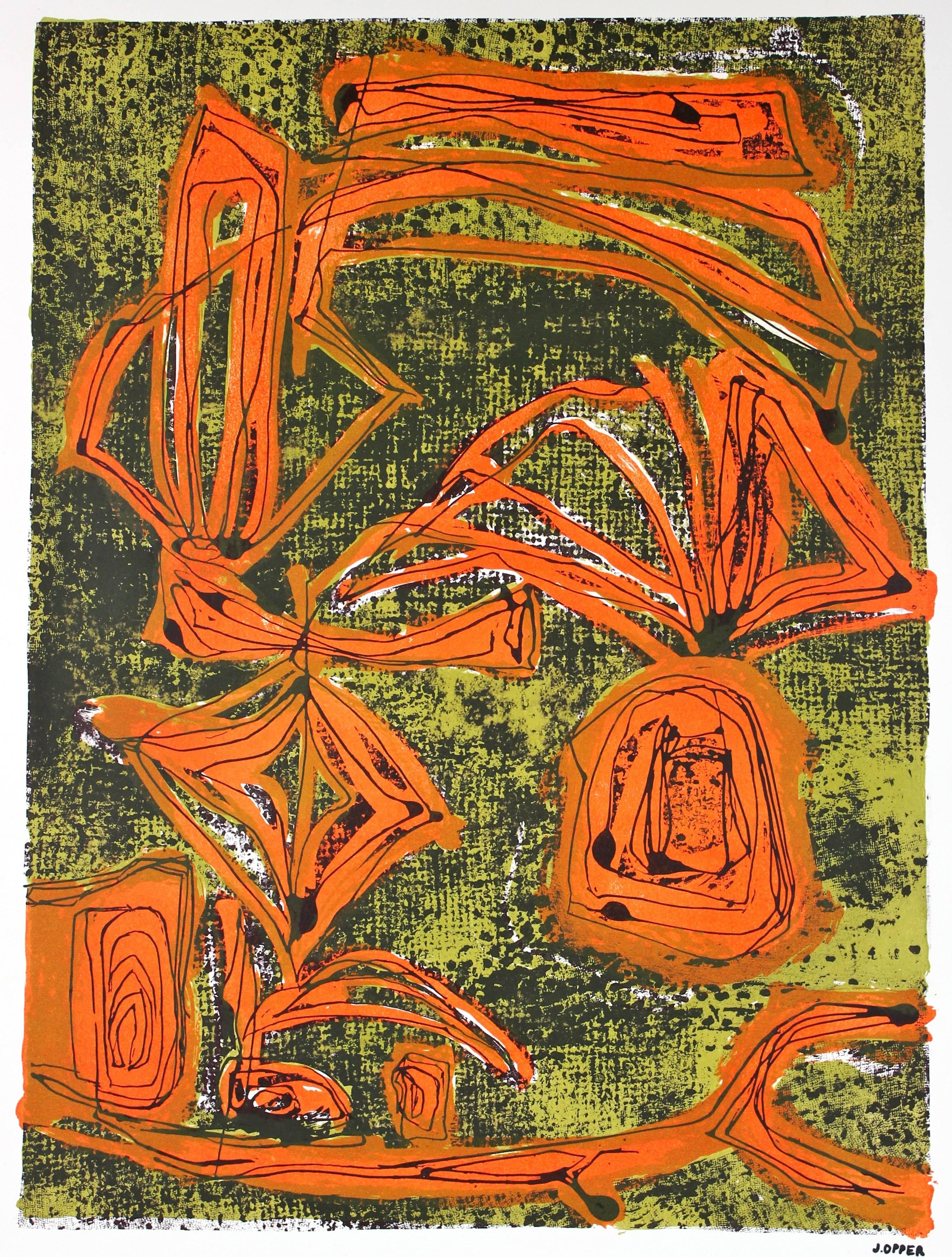 Jerry Opper Abstract Print - Modernist Abstract Lithograph in Orange and Green, Circa 1950s