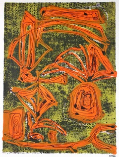 Modernist Abstract Lithograph in Orange and Green, Circa 1950s