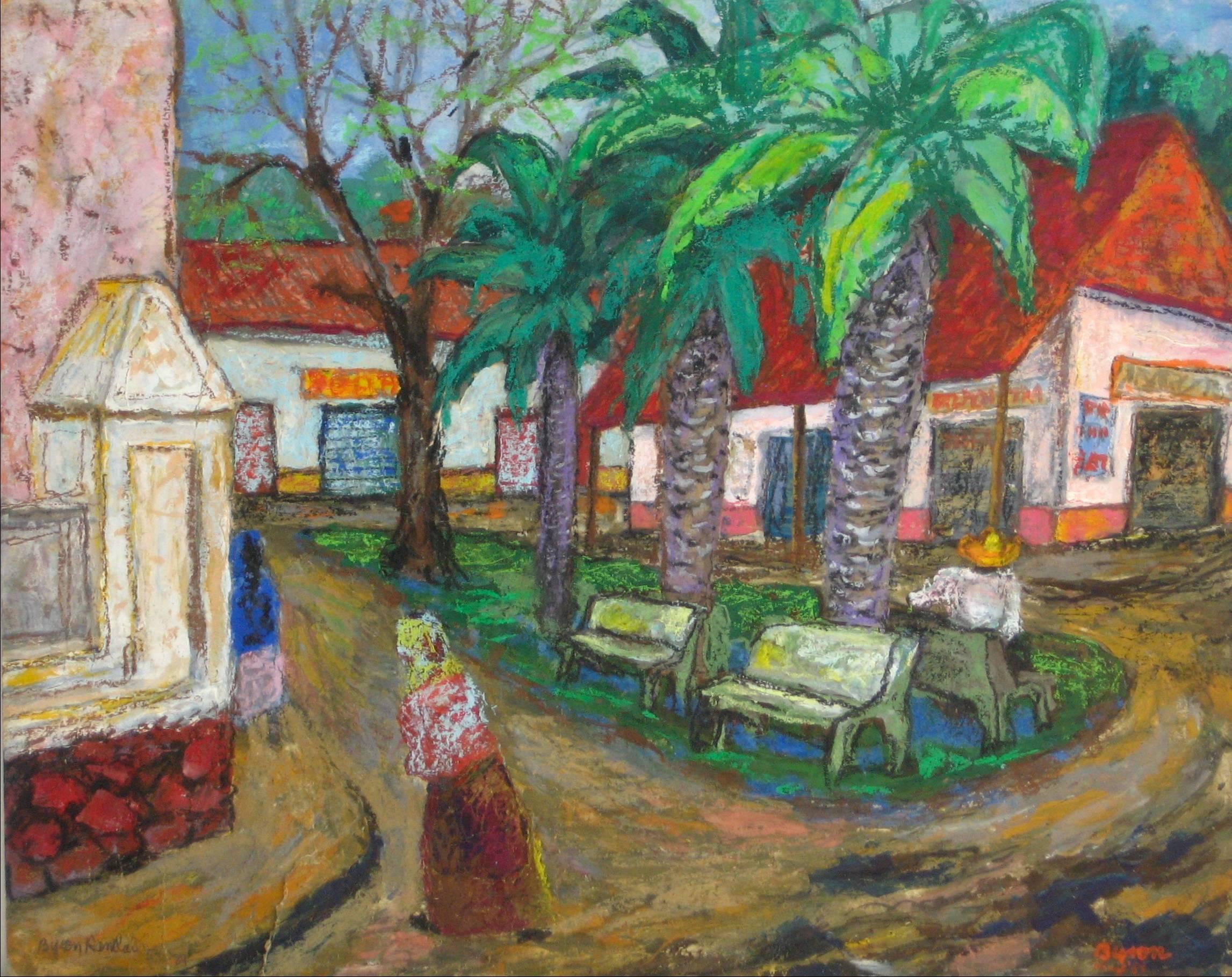 Byron Randall Figurative Art - "Plaza Apatzingán" Mexican Town Square in Oil Pastel, 1954