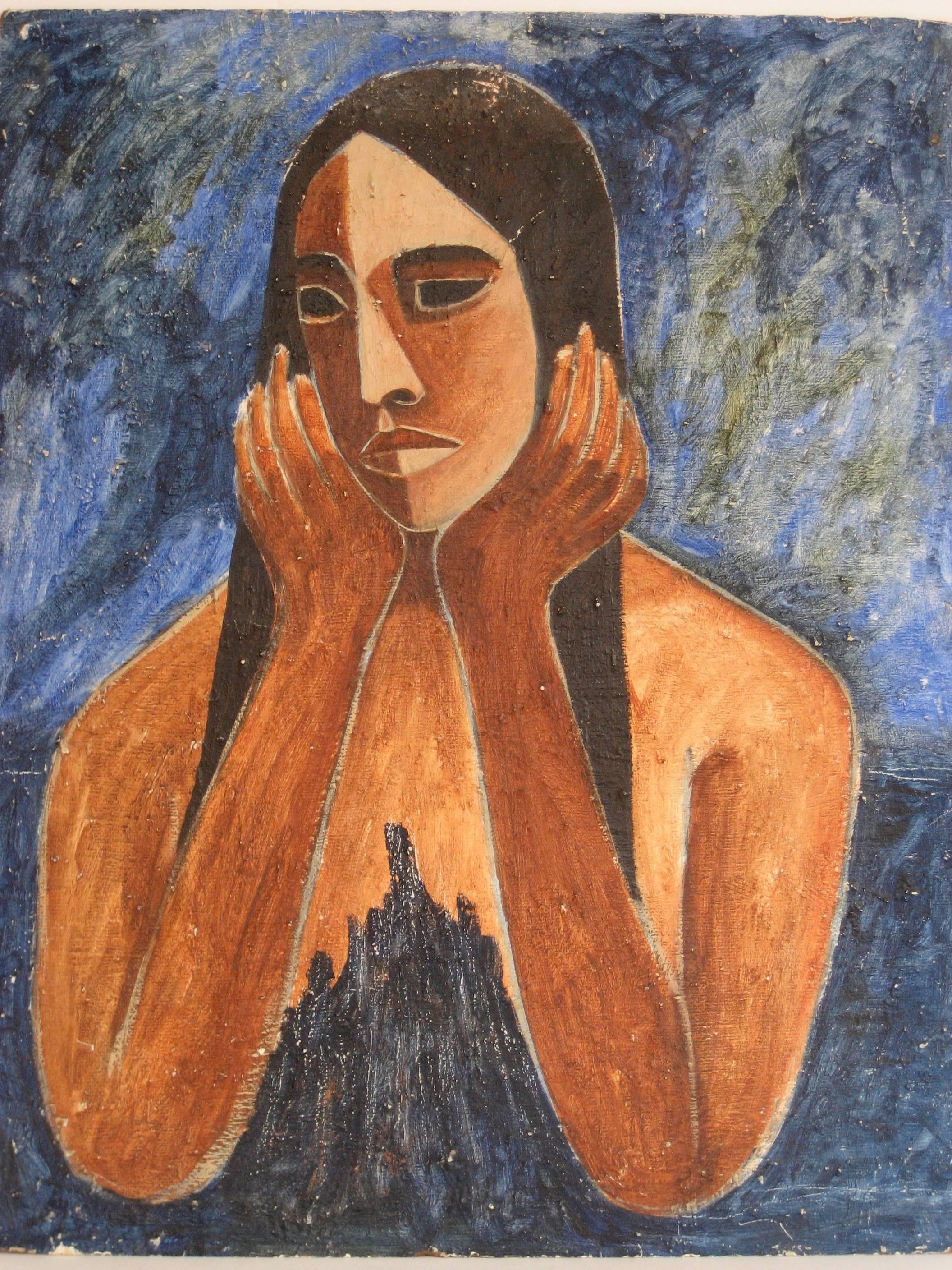 Homero Herrera Portrait Painting - Mid Century Portrait with Blue, Acrylic Painting