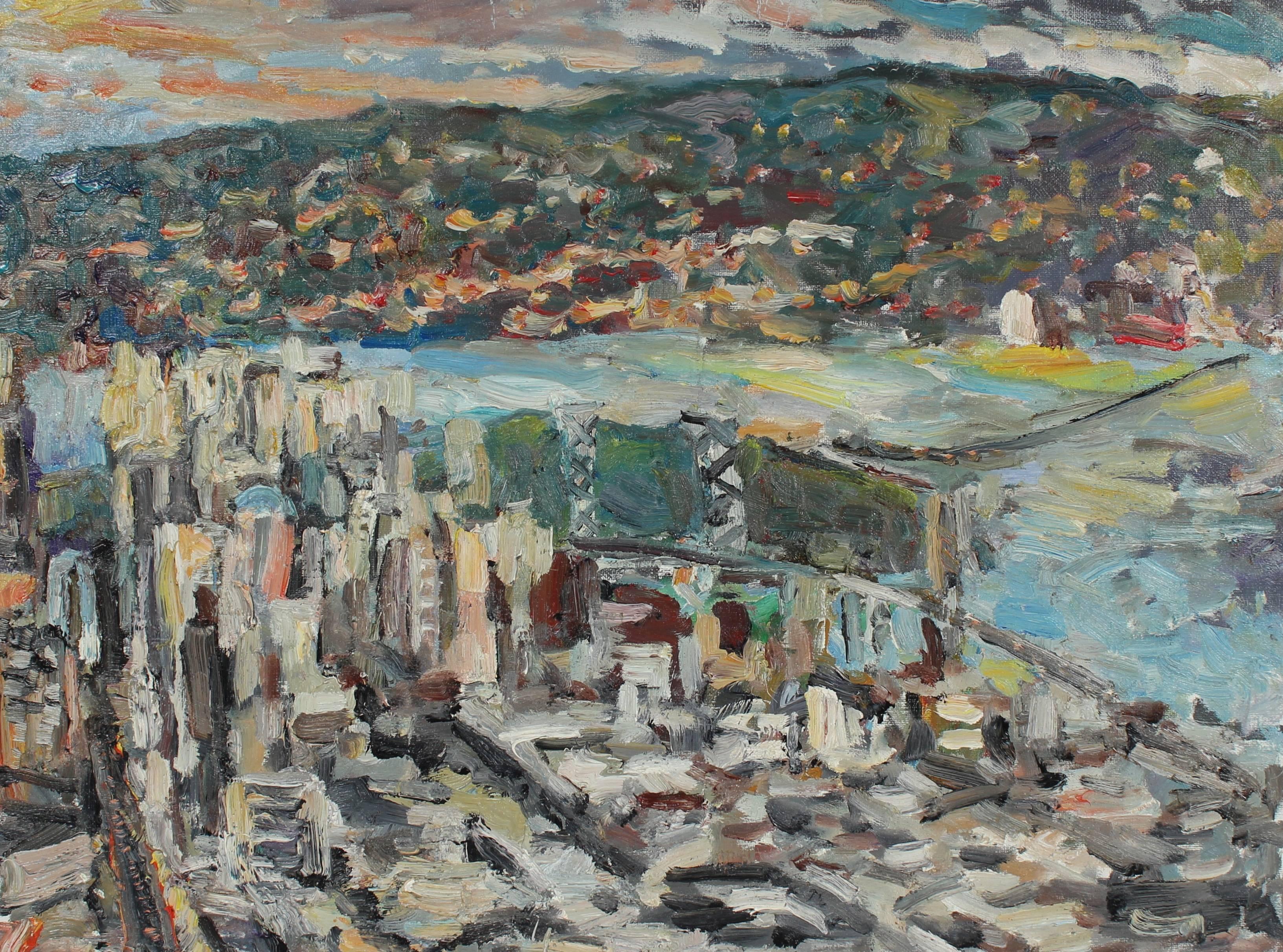 Jack Freeman Landscape Painting - "East City", San Francisco Bay Bridge Oil Painting