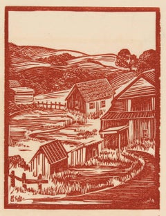 Rural Landscape Linocut in Sepia, Circa 1940