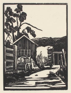 Vintage Barn with Haystack, Linoleum Block Print, Circa 1940