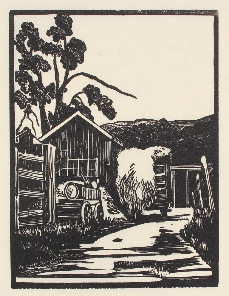Mary Watterick Evans Landscape Print - Barn with Haystack, Linoleum Block Print, Circa 1940