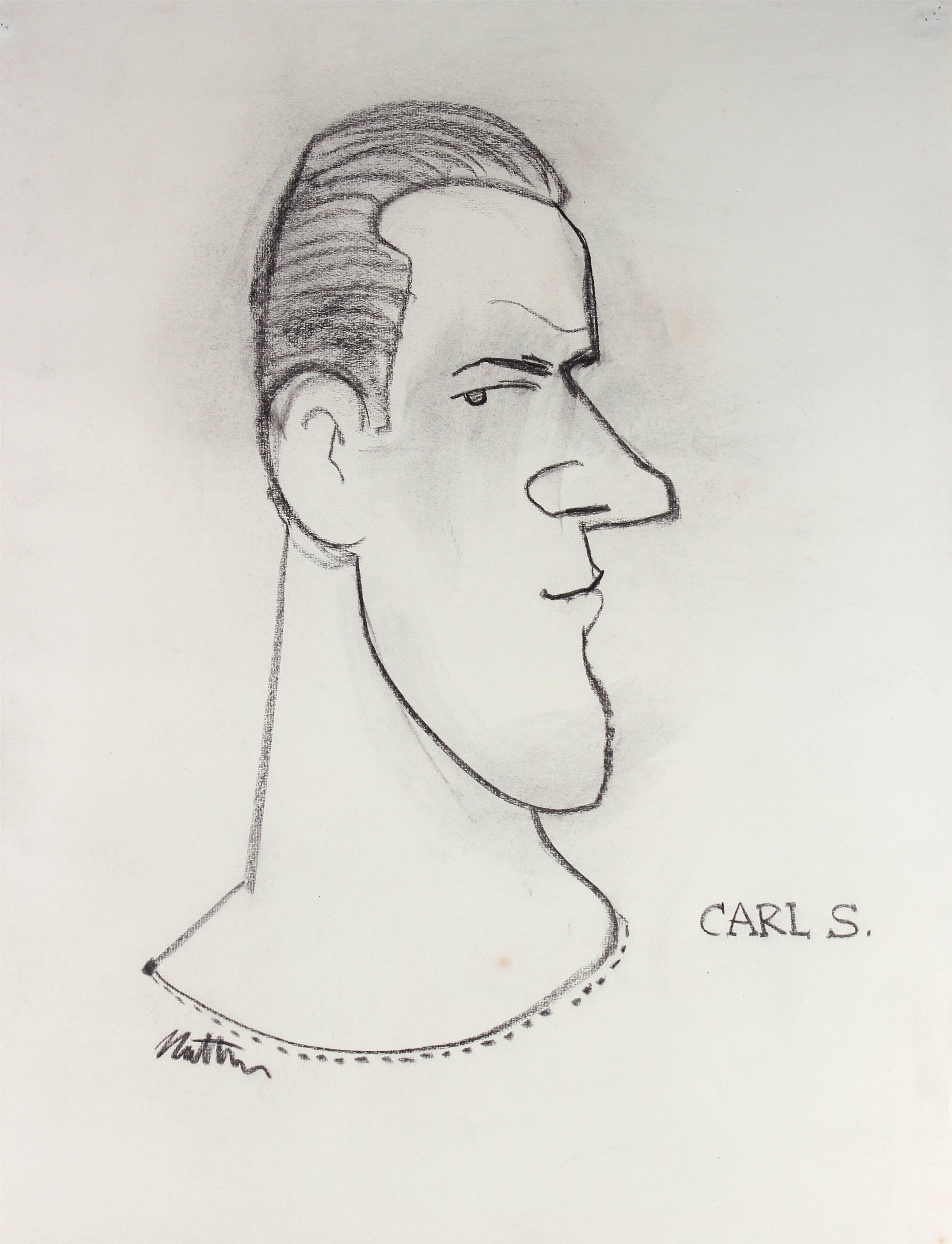 Academic Monochromatic Illustration of a Man's Profile in Charcoal, Circa 1945