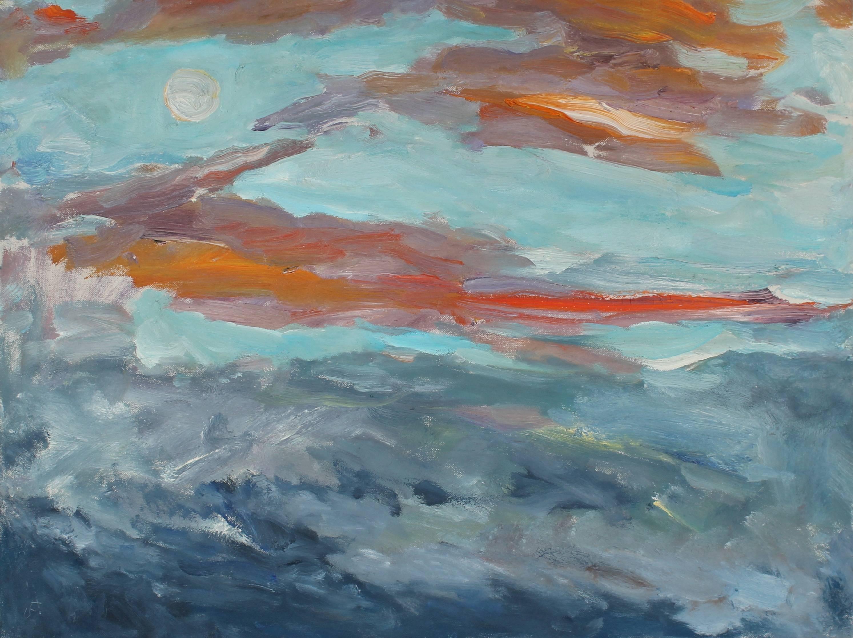 Jack Freeman Landscape Painting - "Full Moon Rise in a Sunset Sky" Landscape with Clouds in Oil, 1989