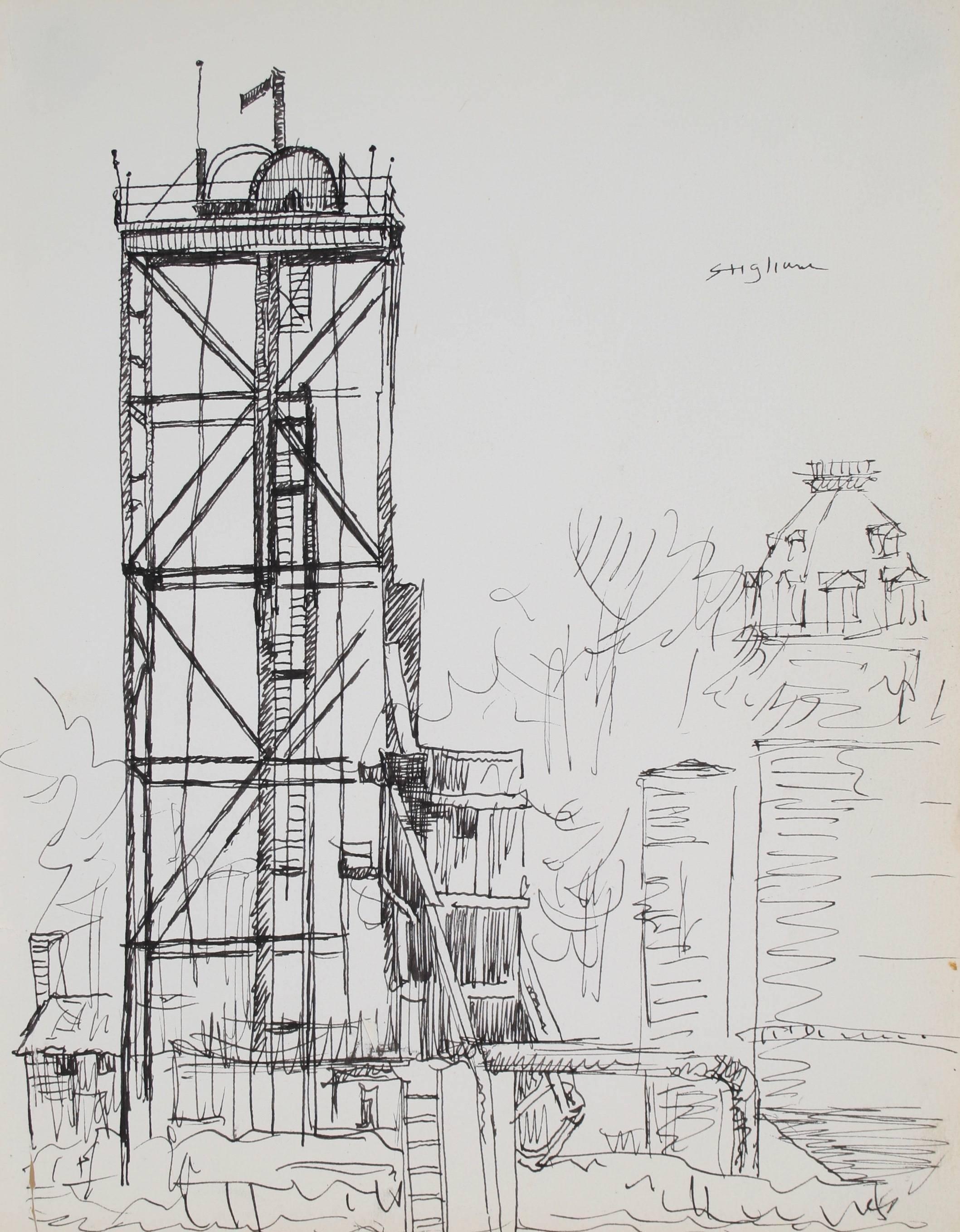 New York Industrial Scene, Ink on Paper Drawing, Mid 20th Century - Art by Pasquale Patrick Stigliani