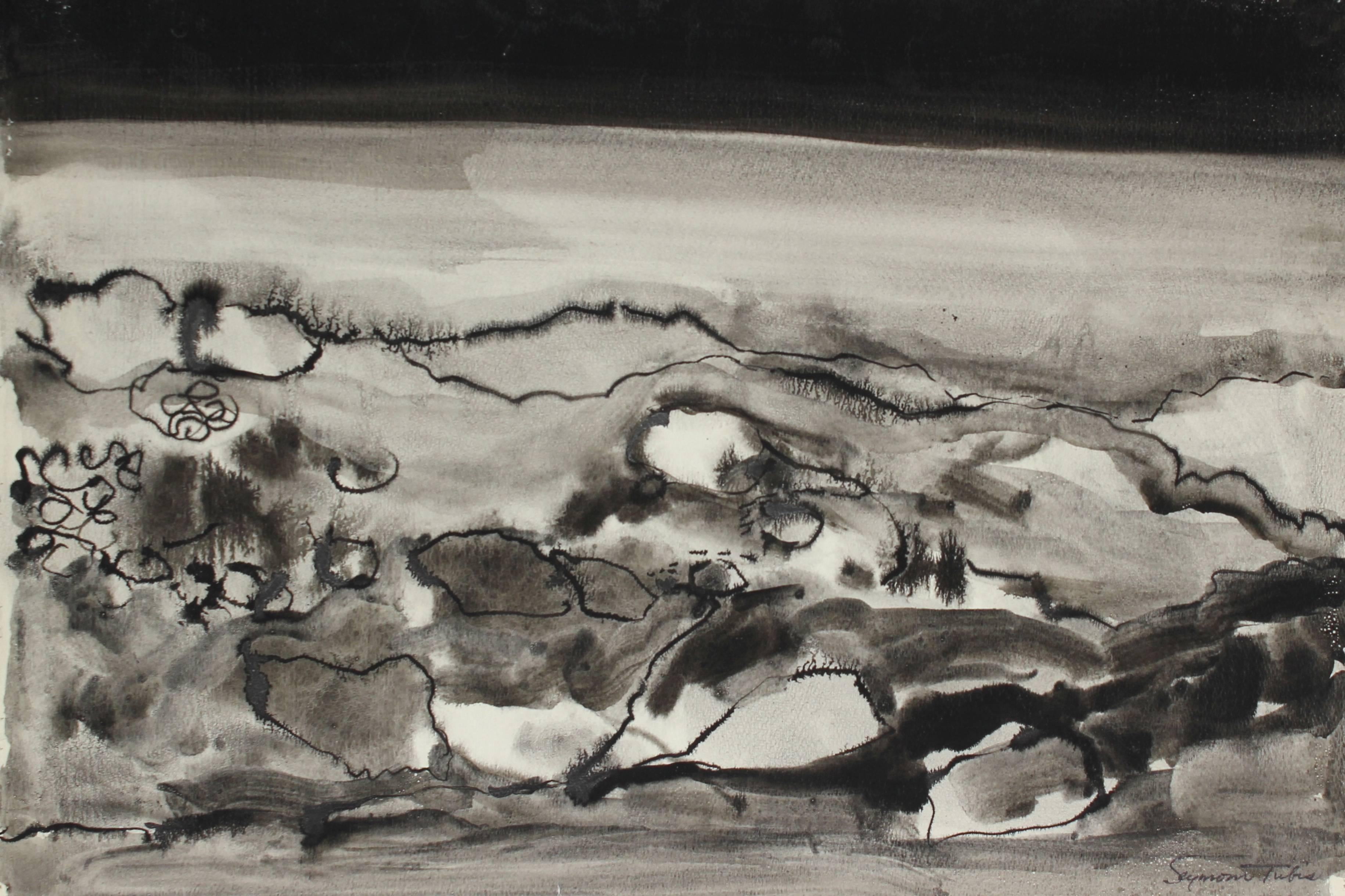 Seymour Tubis Abstract Drawing - Monochromatic Abstract in Ink, 20th Century