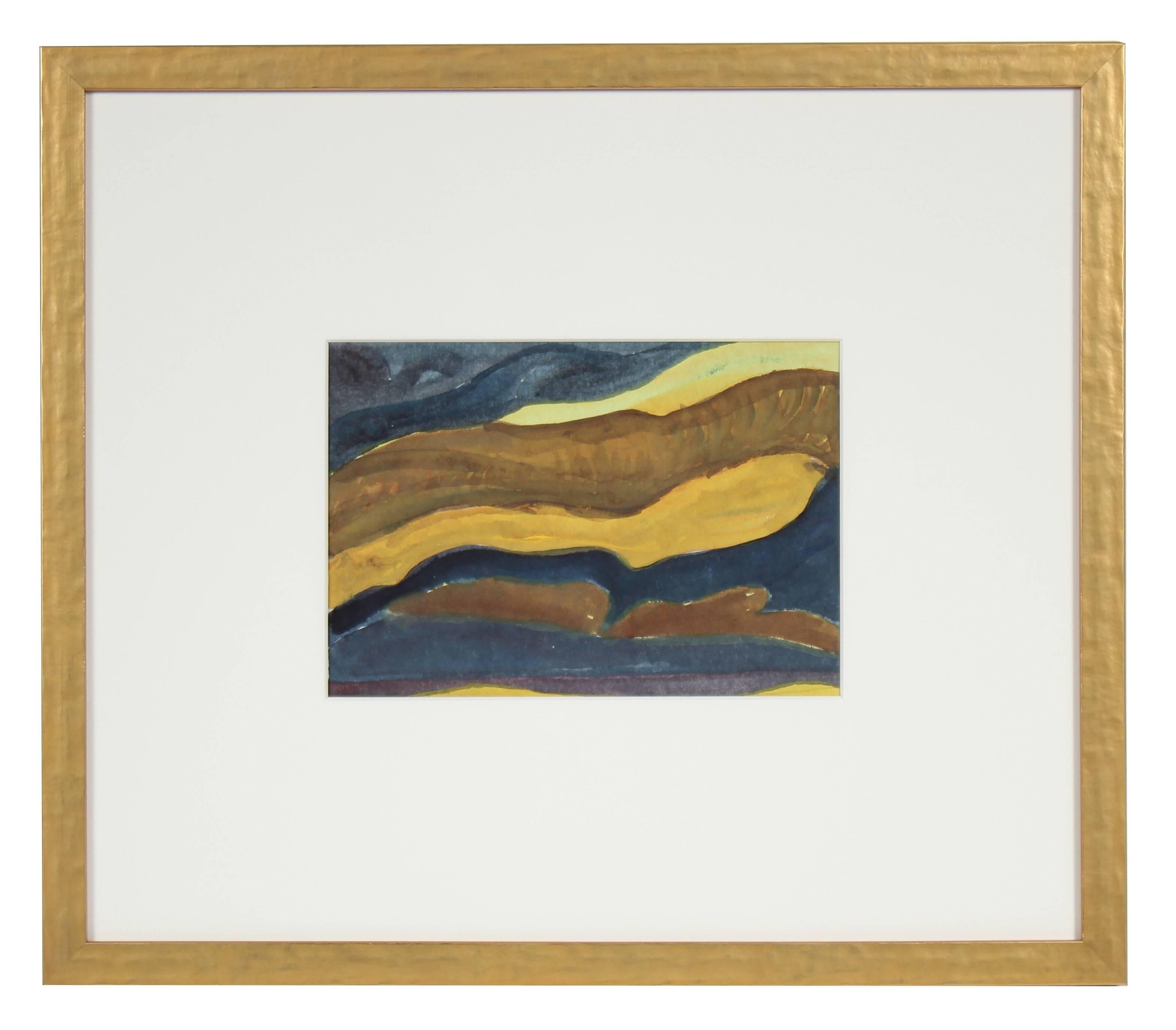 Abstract Drawing Seymour Tubis - « Avec hommage à Arthur Dove », peinture abstraite à la gouache en bleu, 1980