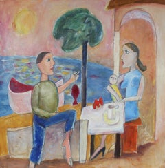 Family By the Sea, Large Oil Painting, 20th Century Modern