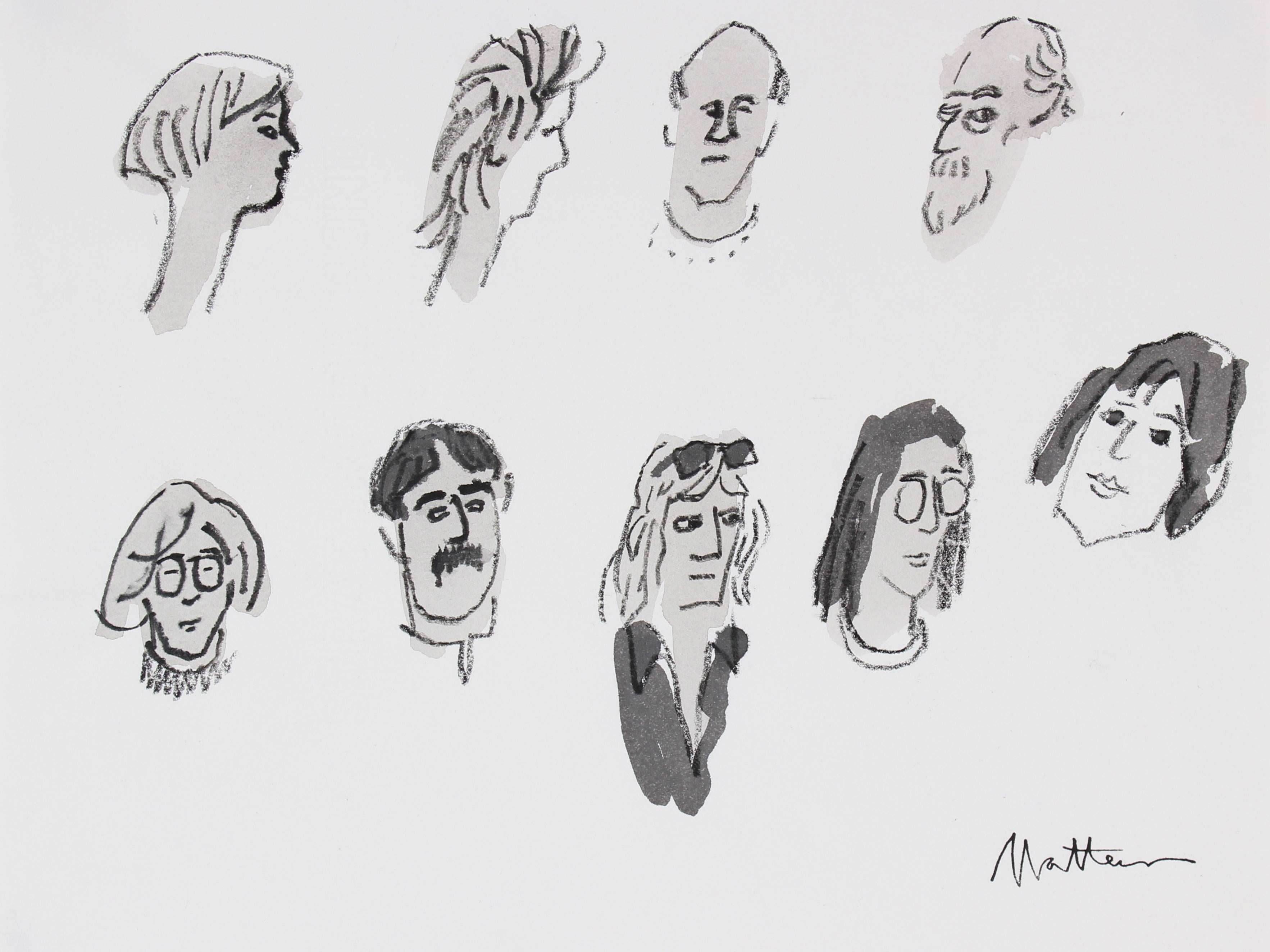 Monochromatic Portrait Studies of Various People in Ink & Charcoal, 20th Century - Art by Rip Matteson