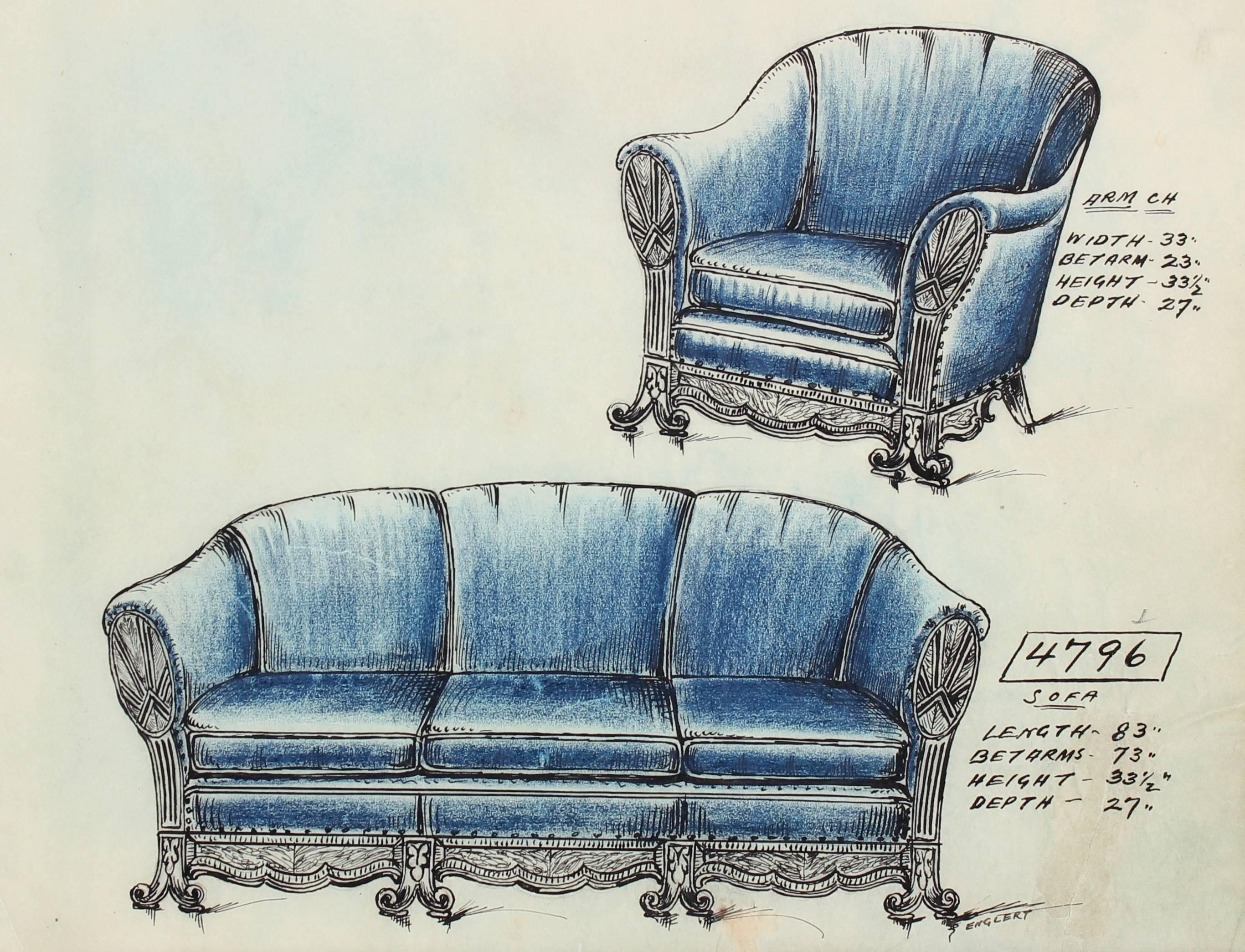 Unknown Still-Life - Blue Sofa Design in Ink and Pastel, Early 20th Century