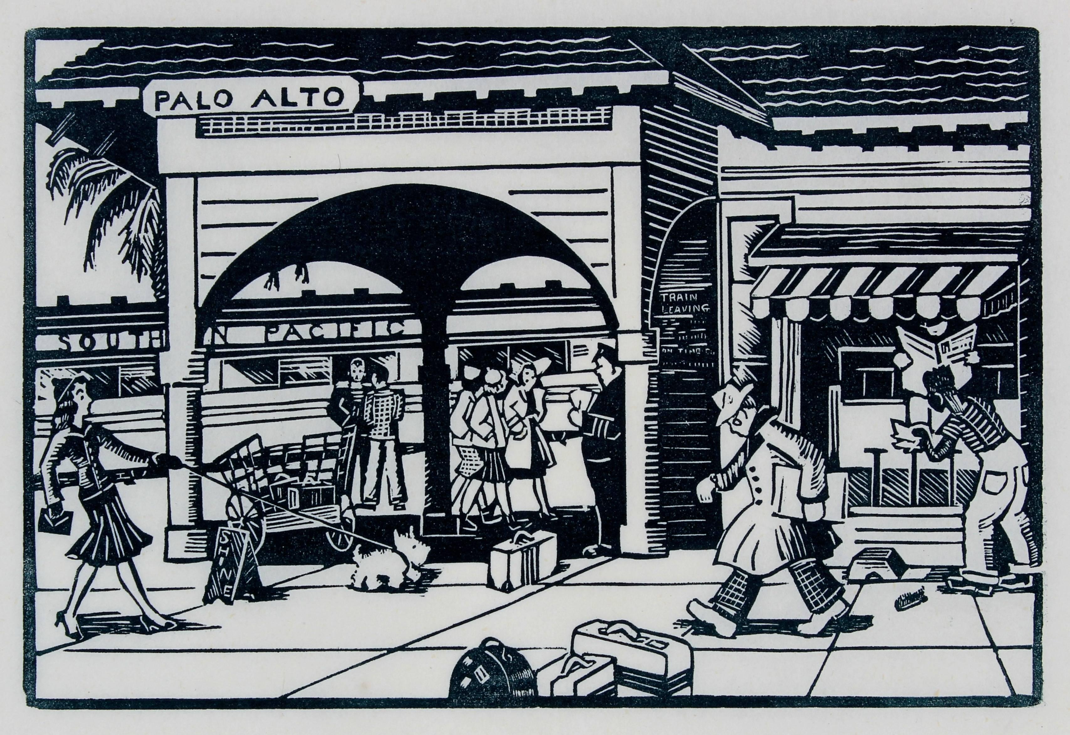 Mary Watterick Evans Figurative Print - Palo Alto Train Station, Linocut Print, 1940s
