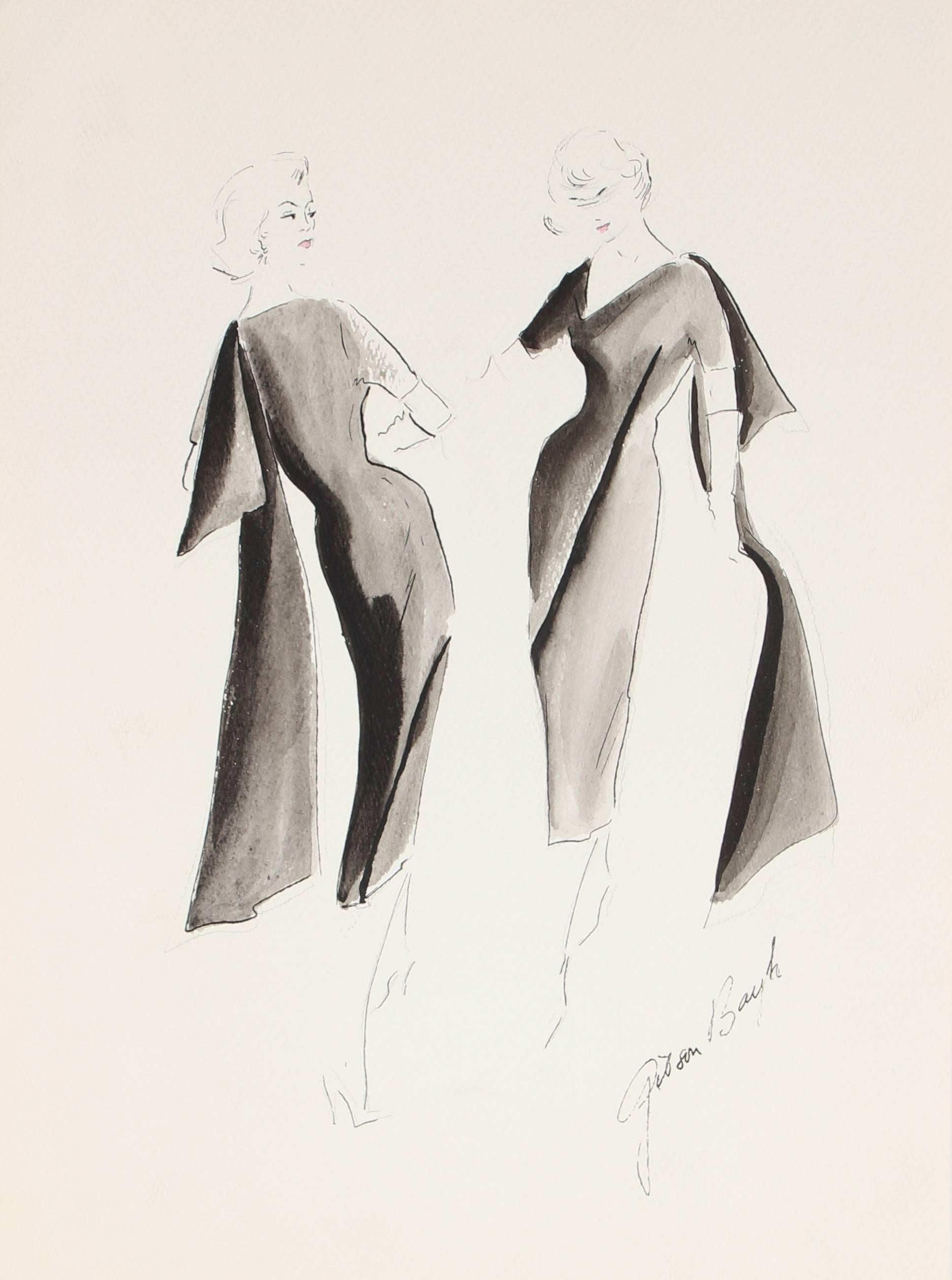 Gibson Bayh Figurative Art - Black Evening Gown Fashion Illustration in Gouache, 1950s