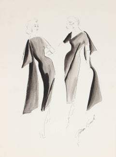 Black Evening Gown Fashion Illustration in Gouache, 1950s