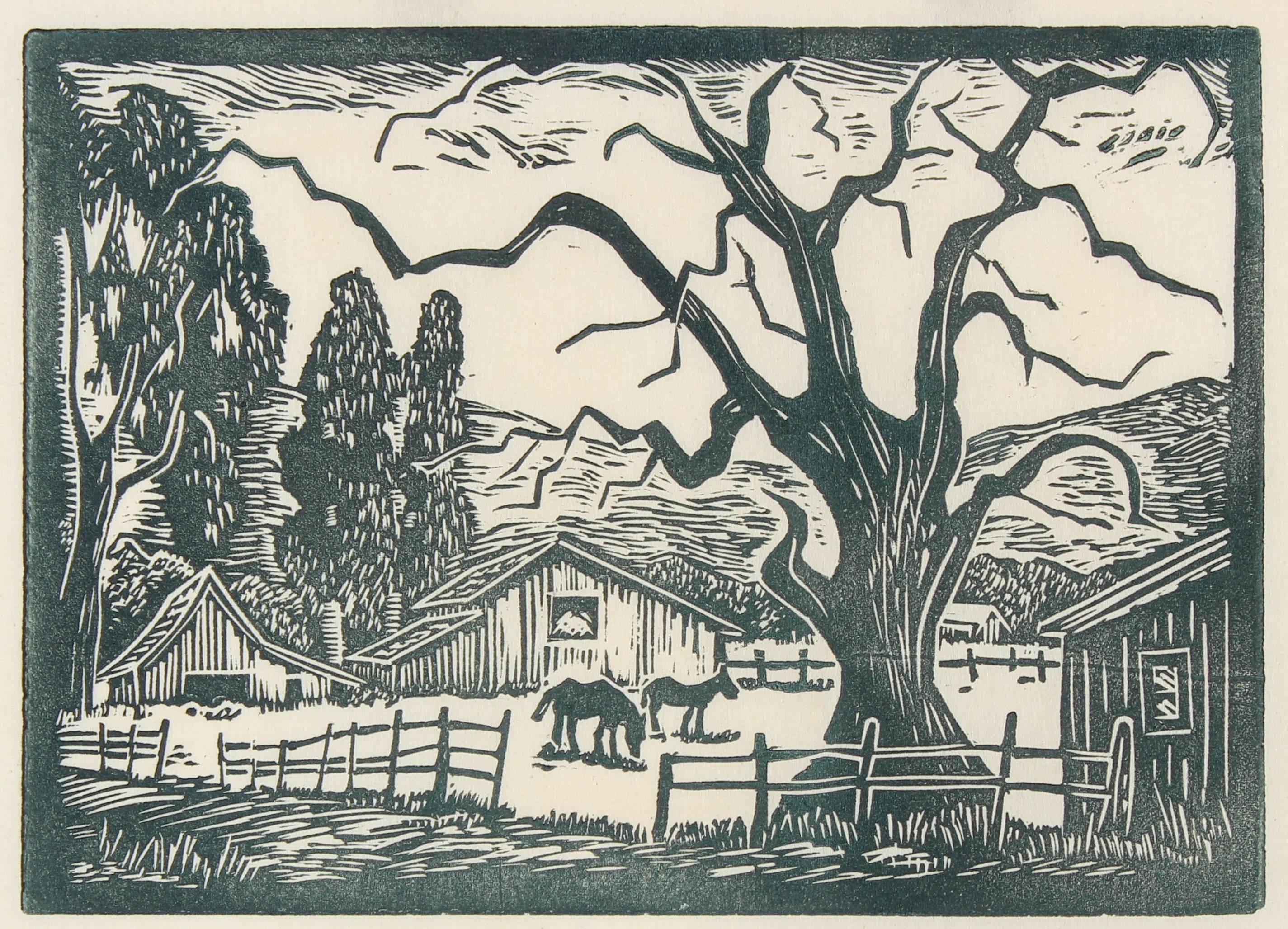 Mary Watterick Evans Landscape Print - Monochromatic Bay Area Ranch Landscape, Linocut, Circa 1940s